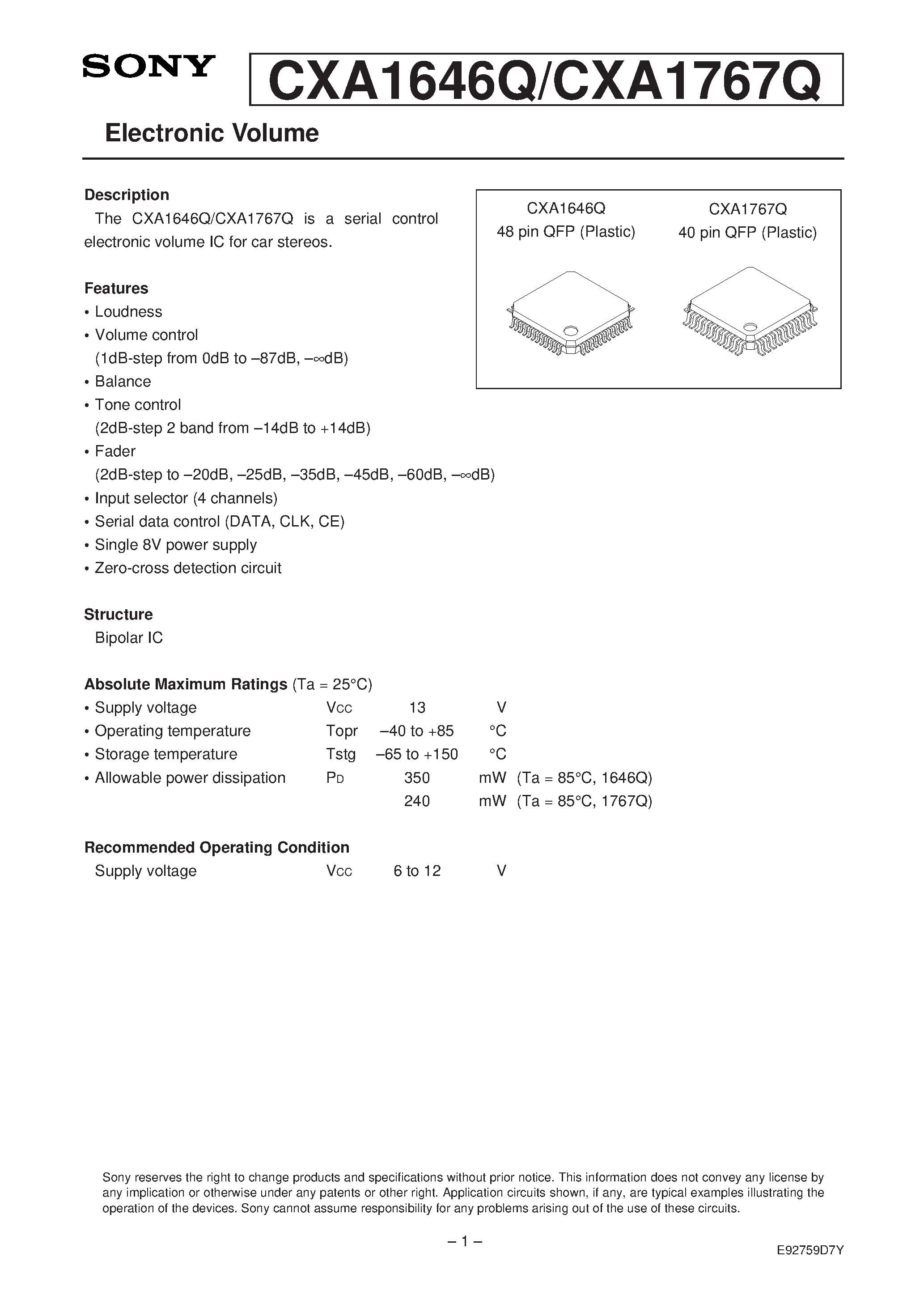 Datasheet CXA1646Q - Electronic Volume page 1