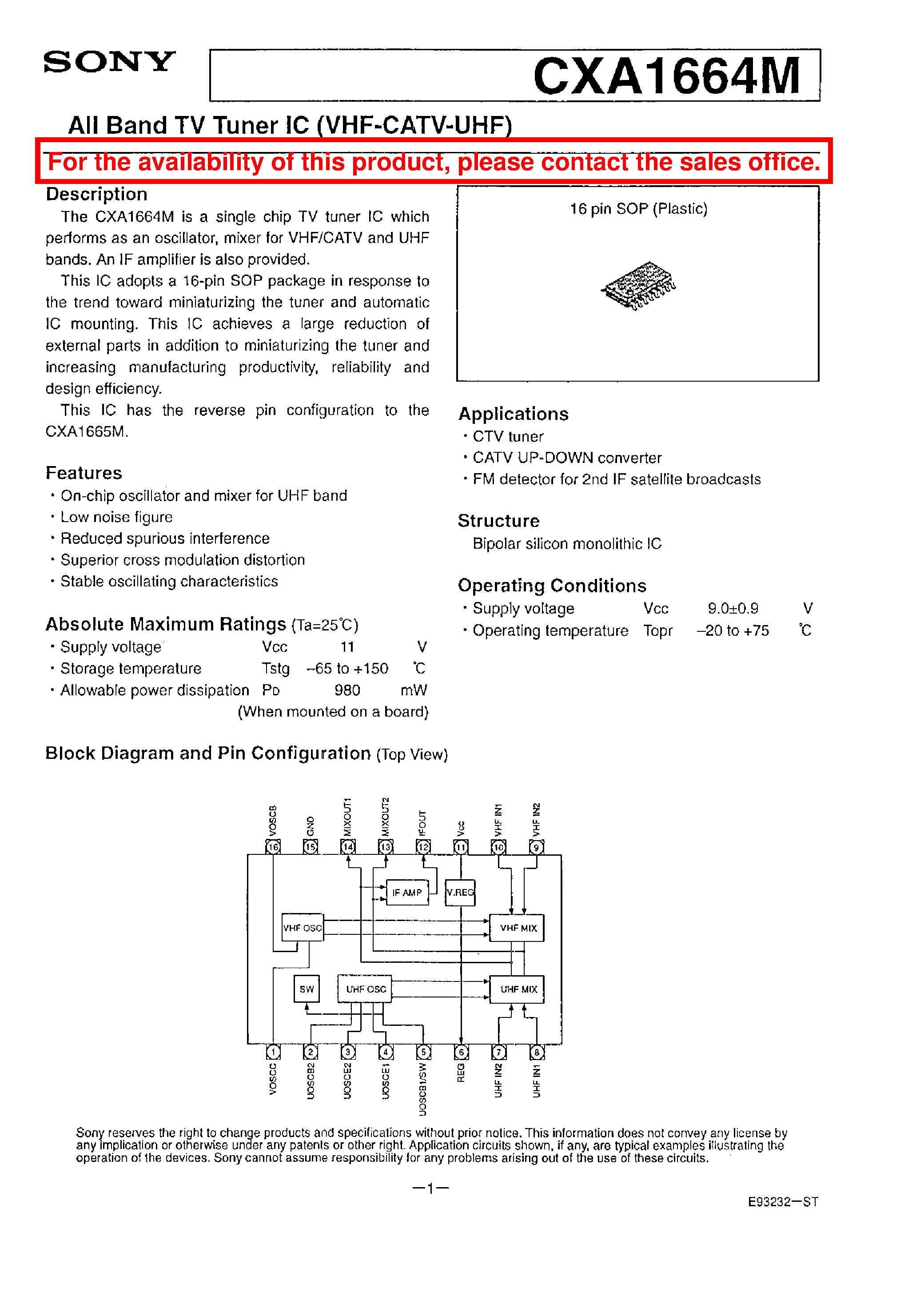Datasheet CXA1664 page 1 Datasheet CXA1664 - ALL BAND TV TUNER IC (VHF-CATV-UHF) page 1