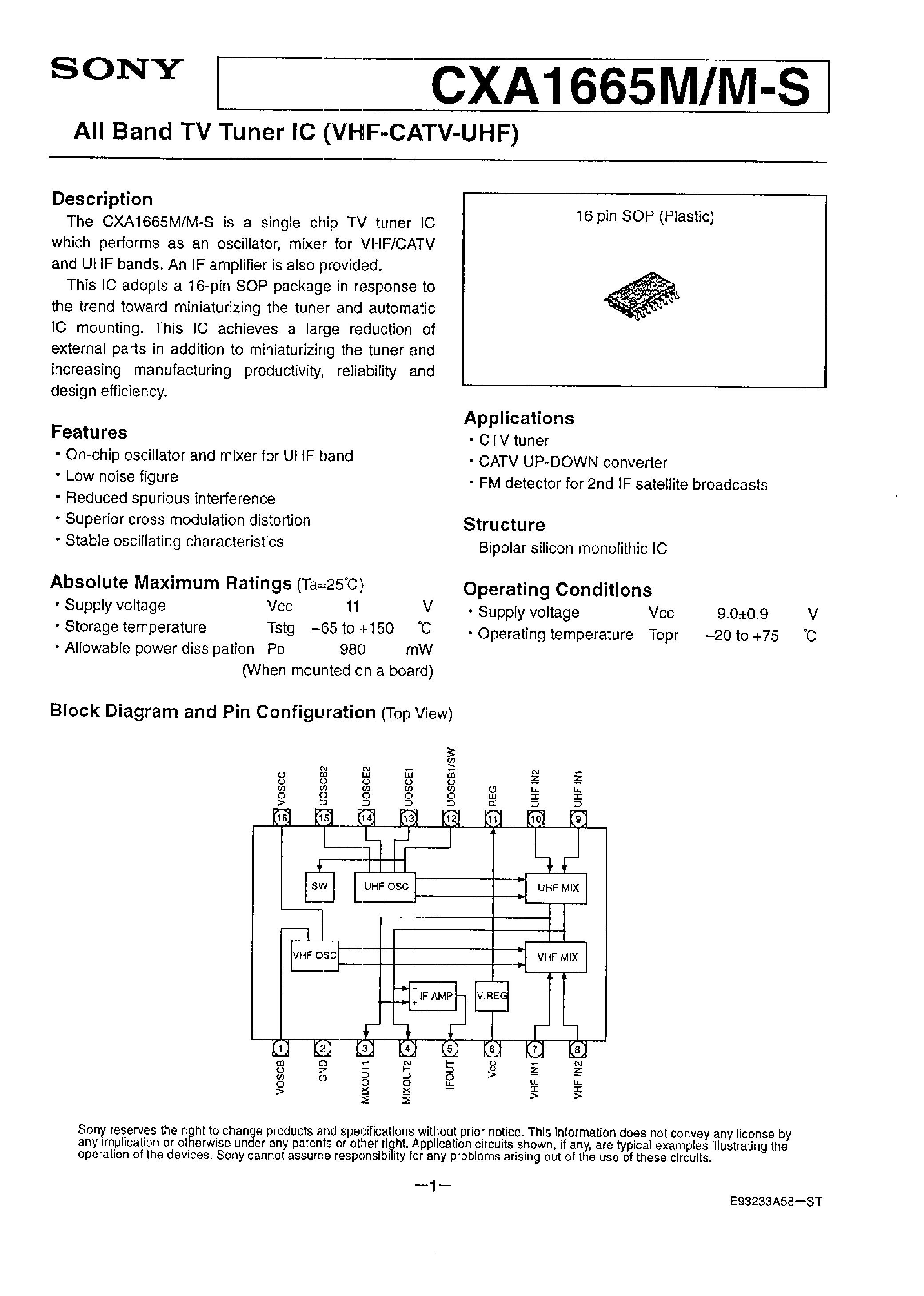 Datasheet CXA1665M page 1 Datasheet CXA1665M - All Band TV Tuner IC (VHF-CATV-UHF) page 1