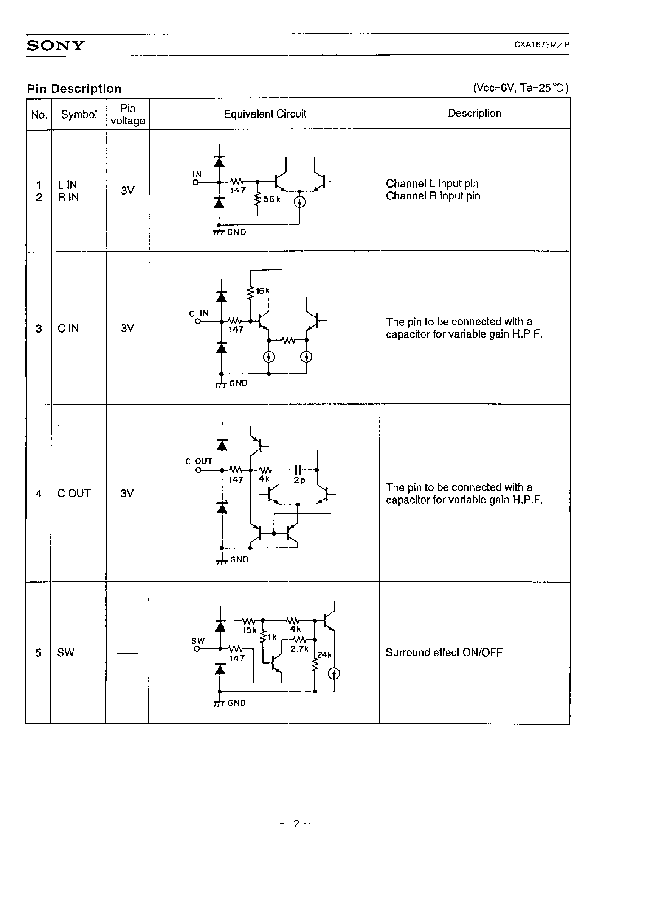 Datasheet CXA1673P page 2 Datasheet CXA1673P - 2 CHANNEL SURROUND page 2