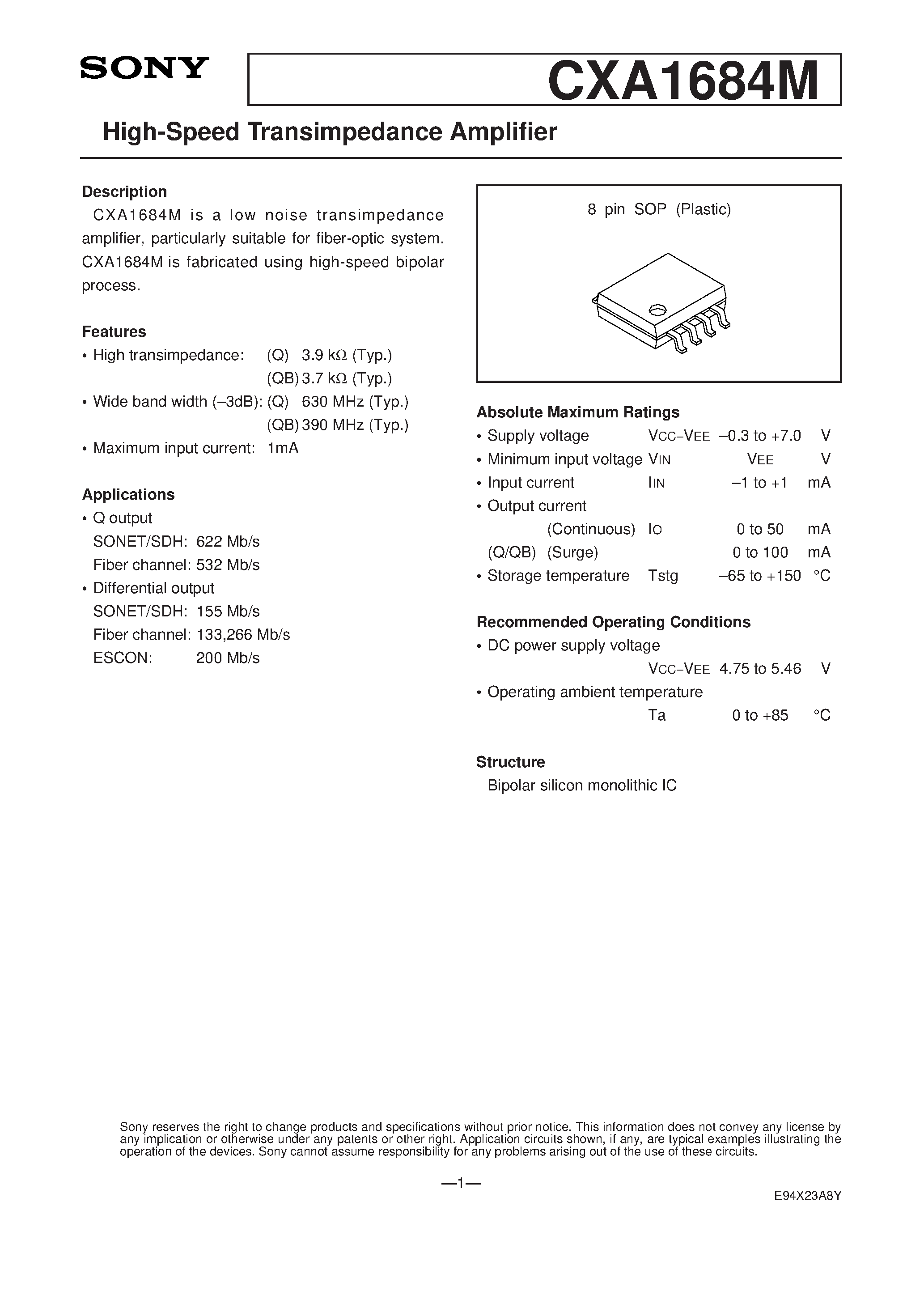 Datasheet CXA1684M page 1 Datasheet CXA1684M - High-Speed Transimpedance Amplifier page 1