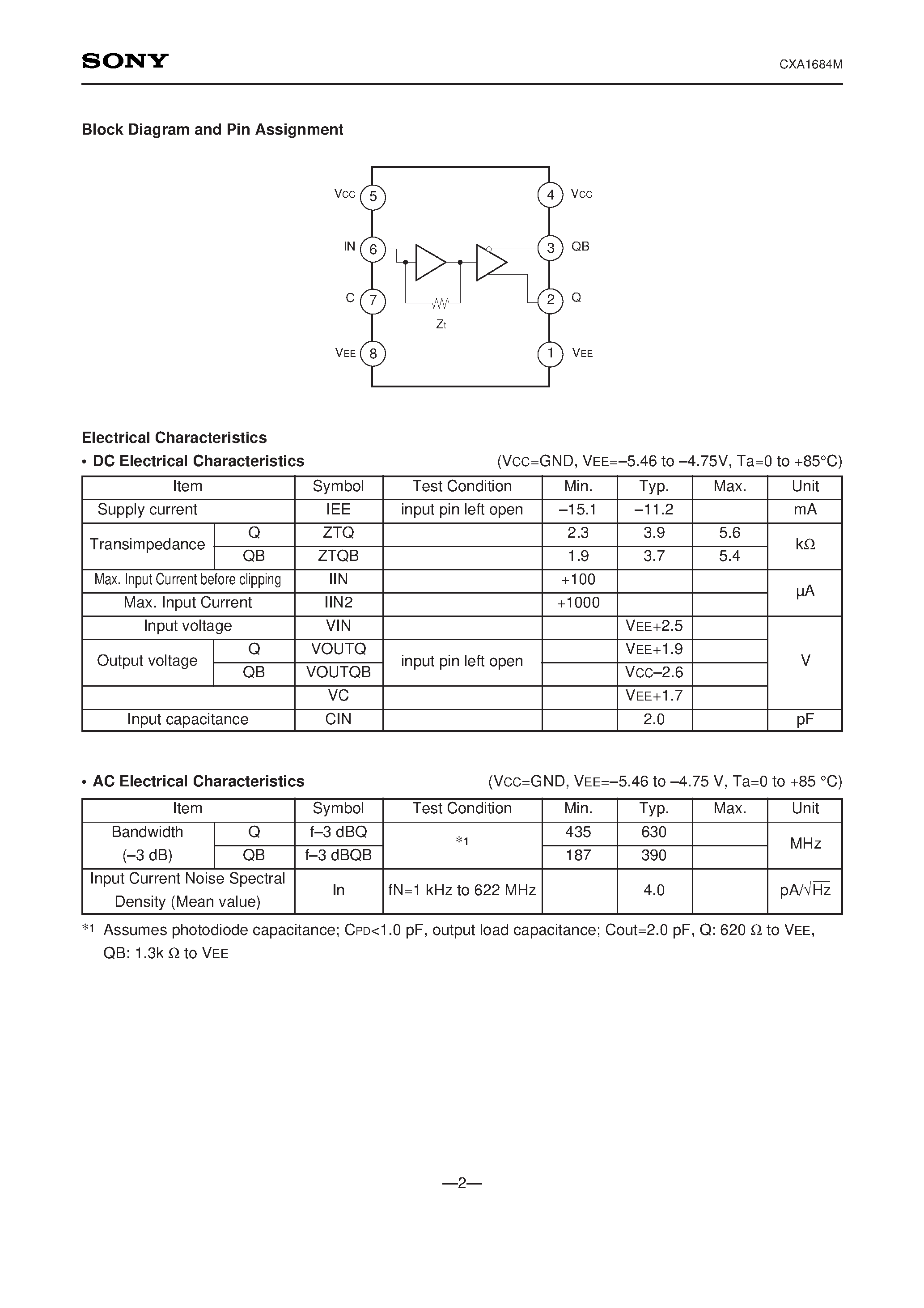 Datasheet CXA1684M page 2 Datasheet CXA1684M - High-Speed Transimpedance Amplifier page 2