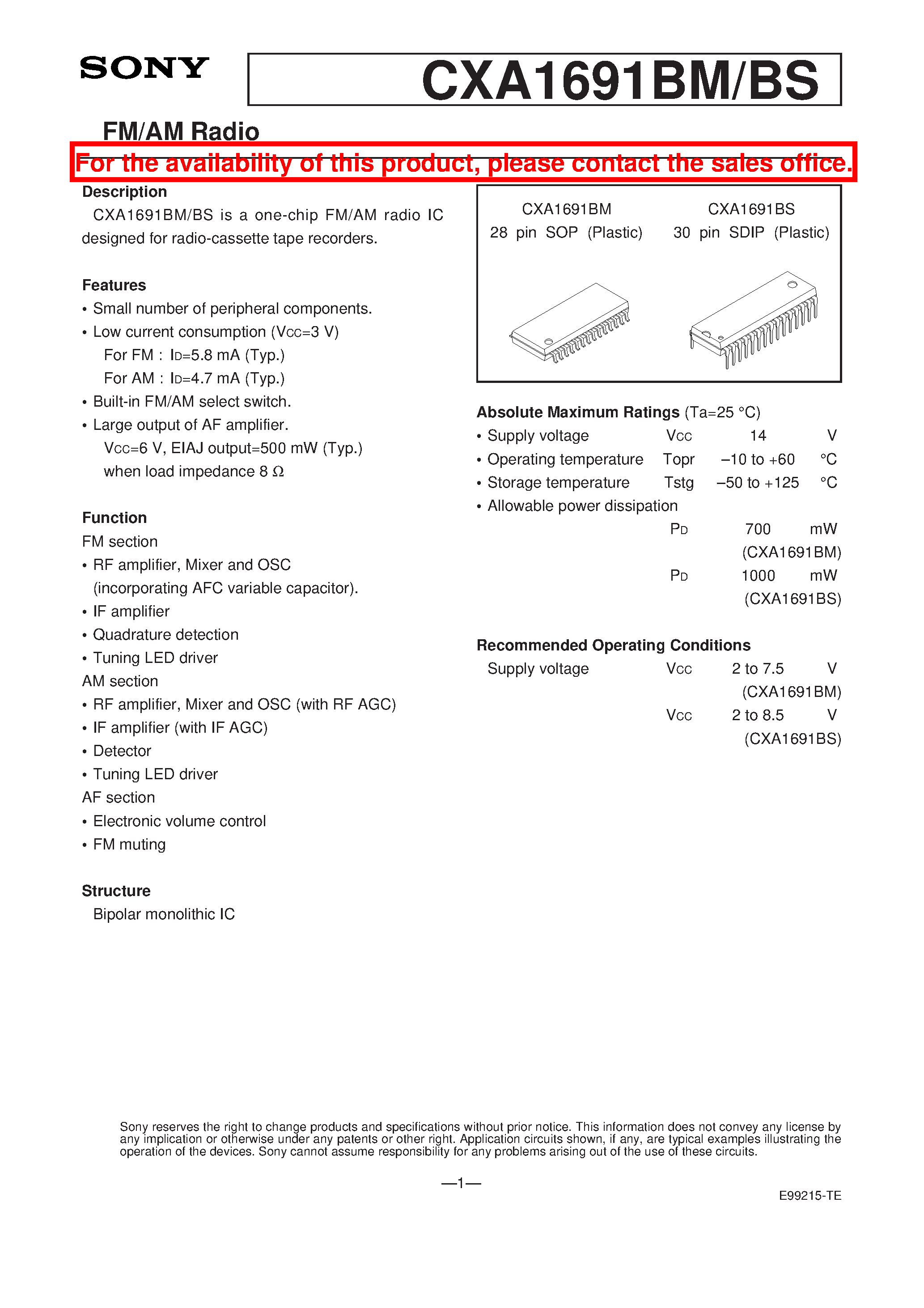 Datasheet CXA1691BS page 1 Datasheet CXA1691BS - FM/AM Radio page 1