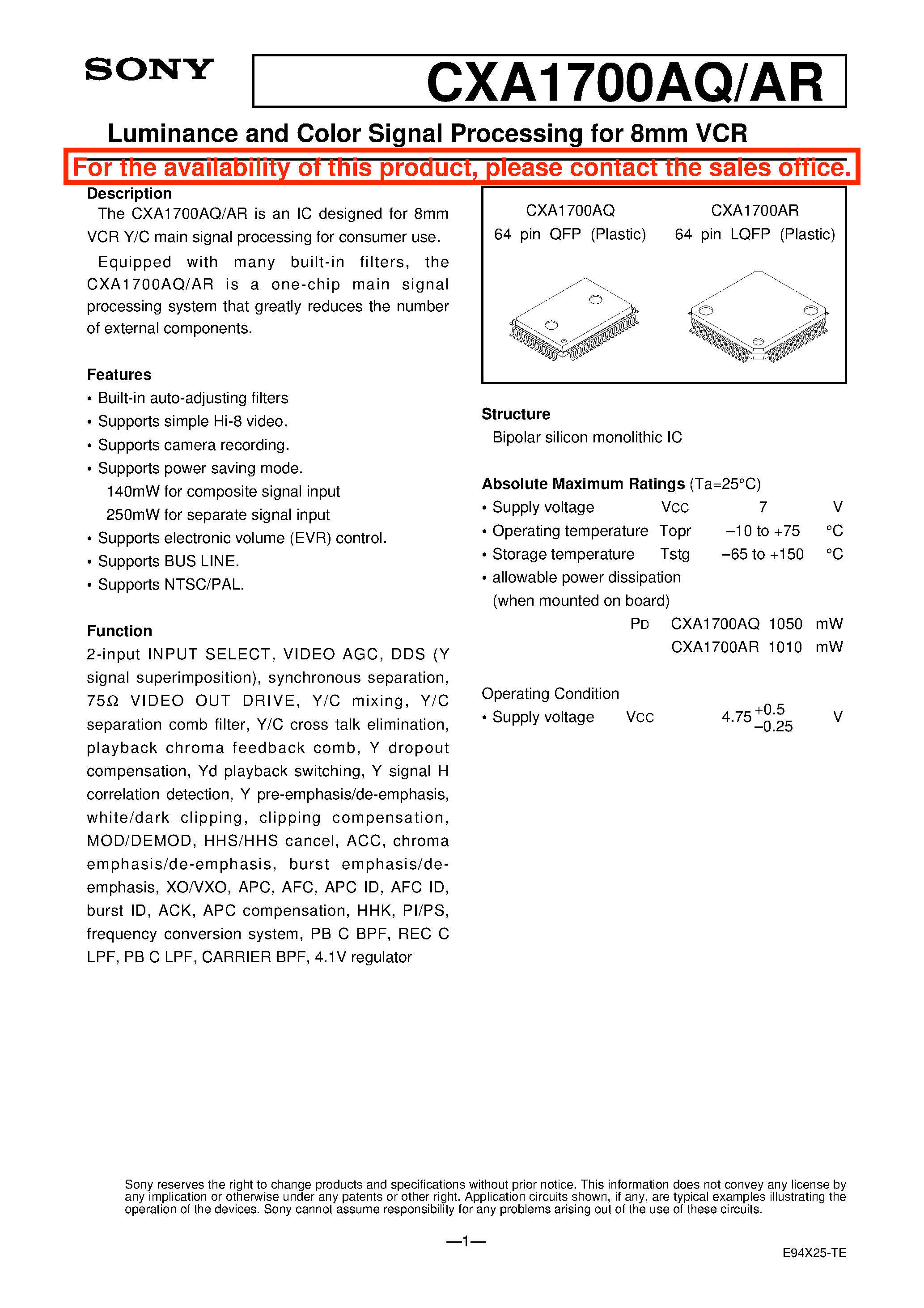 Datasheet CXA1700 page 1 Datasheet CXA1700 - Luminance and Color Signal Processing for 8mm VCR page 1