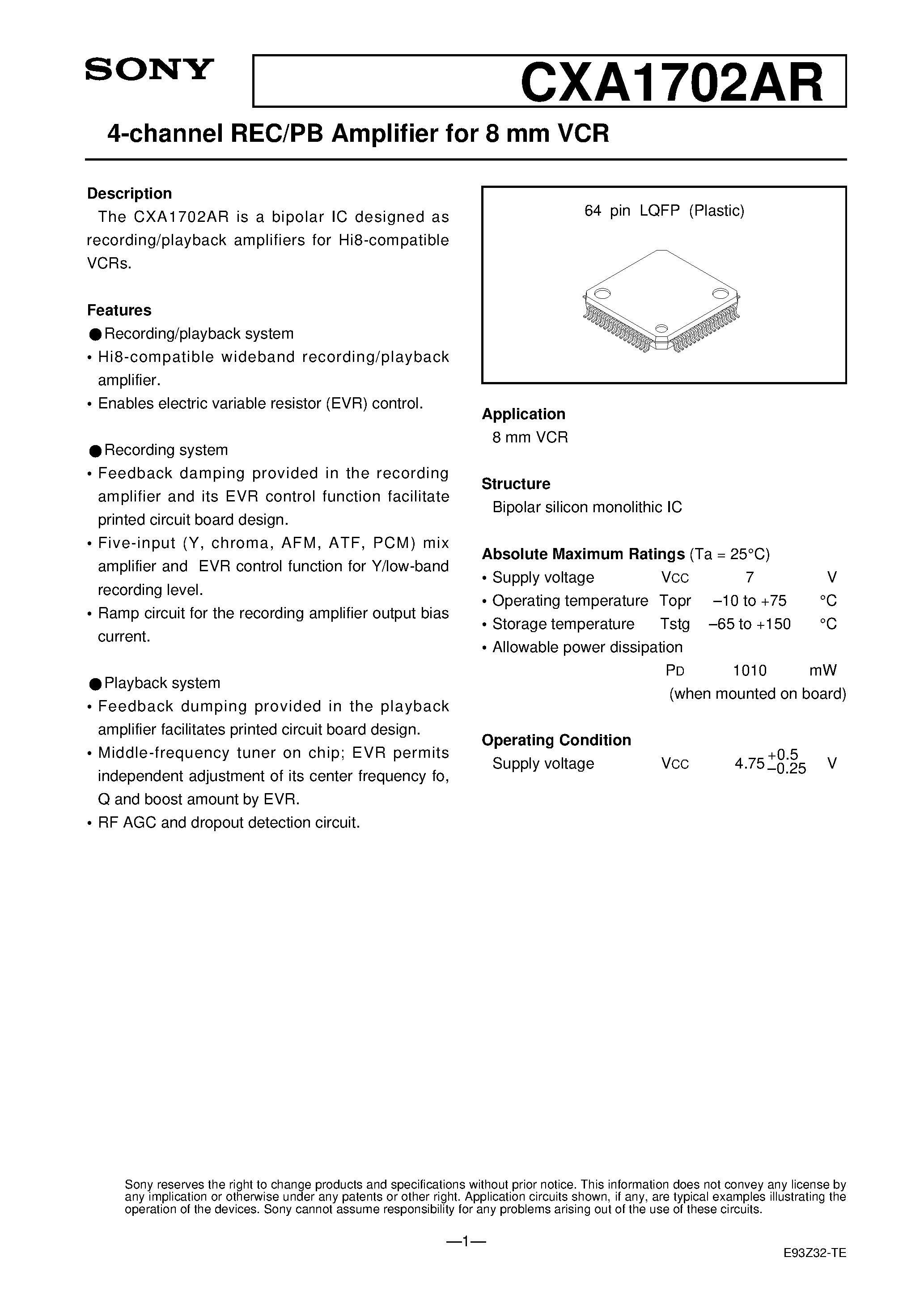 Datasheet CXA1702AR page 1 Datasheet CXA1702AR - 4-channel REC/PB Amplifier for 8 mm VCR page 1