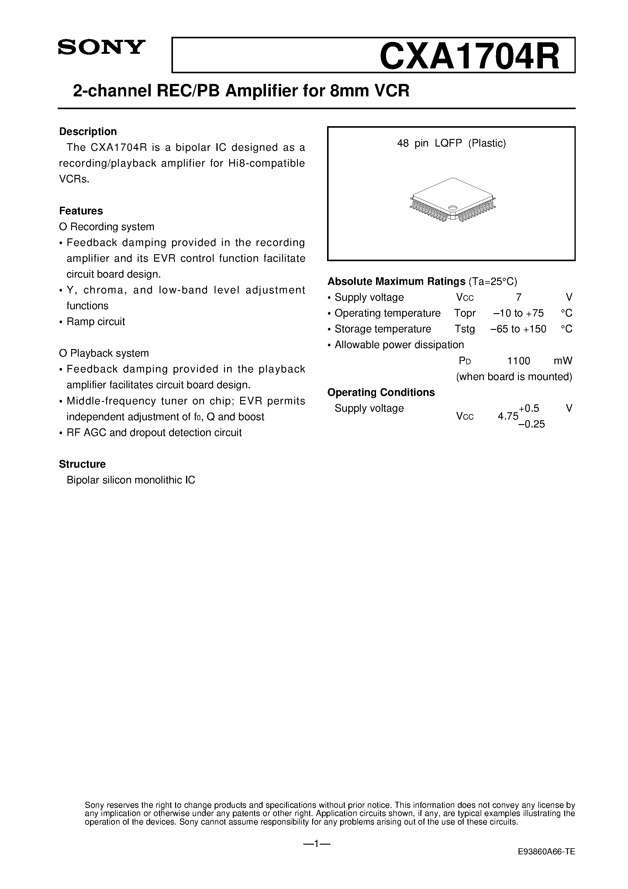 Datasheet CXA1704R page 1 Datasheet CXA1704R - 2-channel REC/PB Amplifier for 8mm VCR page 1