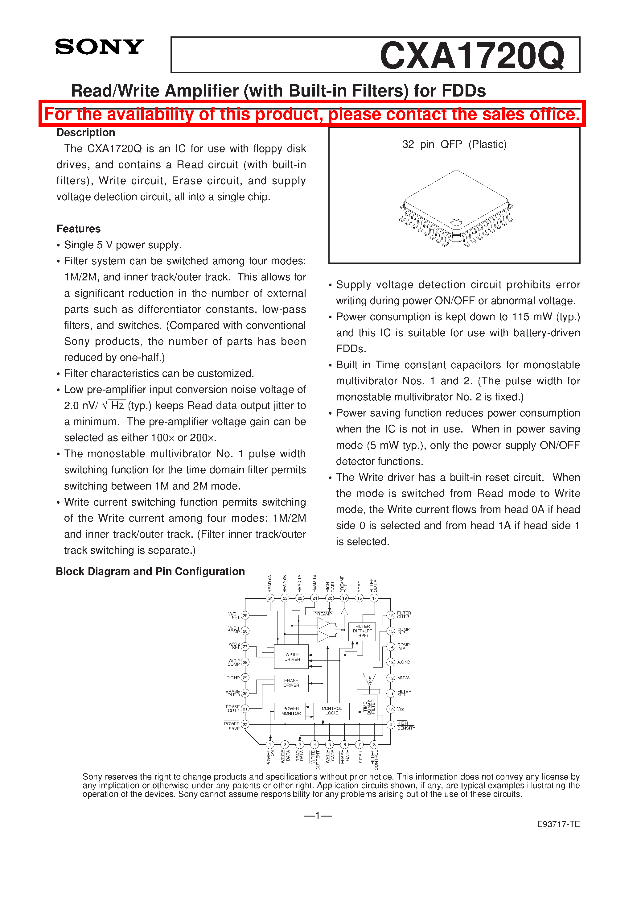 Даташит CXA1720Q - Read/Write Amplifier (with Built-in Filters) for FDDs страница 1