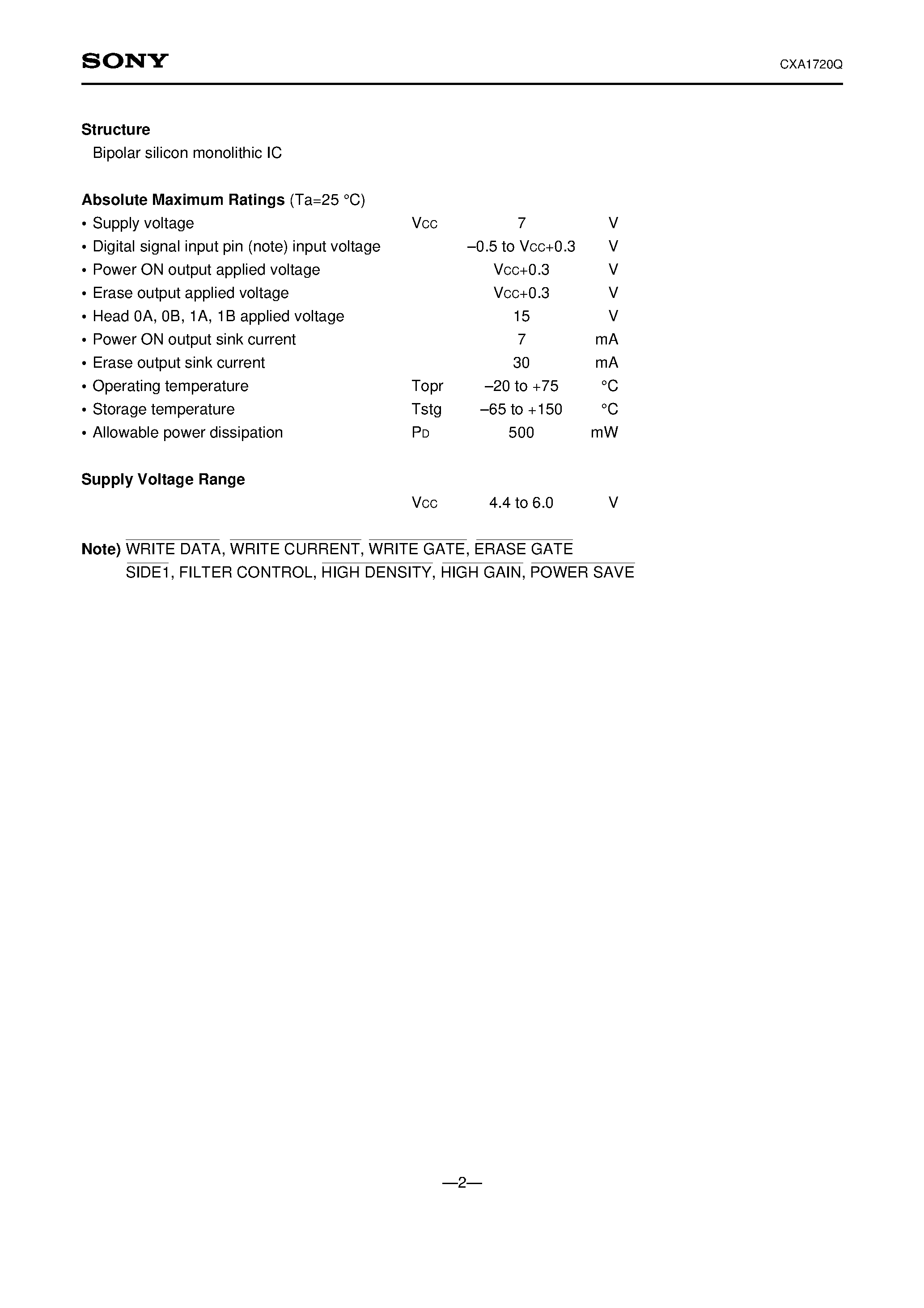 Даташит CXA1720Q - Read/Write Amplifier (with Built-in Filters) for FDDs страница 2