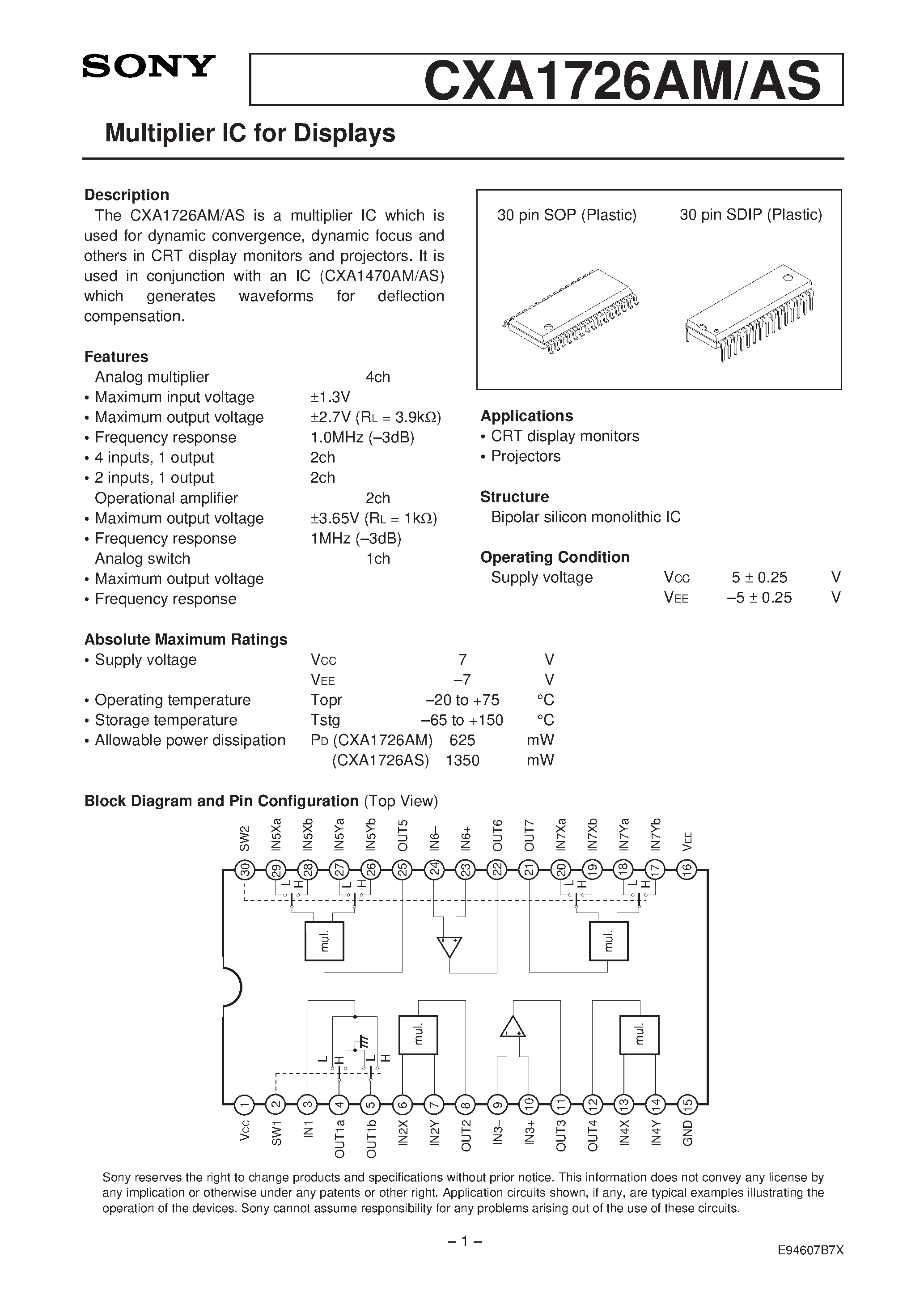 Datasheet CXA1726 - Multiplier IC for Displays page 1