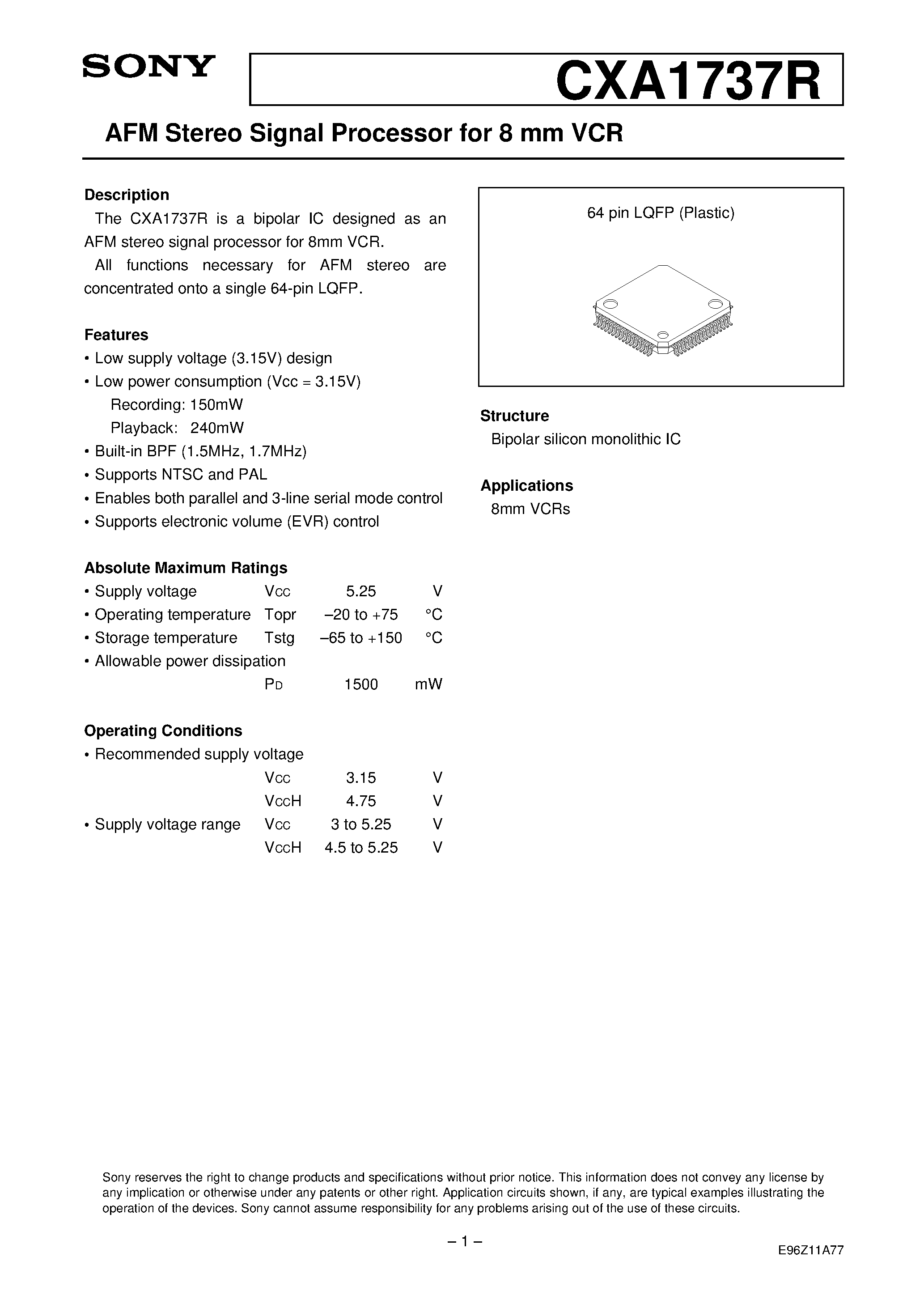 Datasheet CXA1737R - AFM Stereo Signal Processor for 8 mm VCR page 1