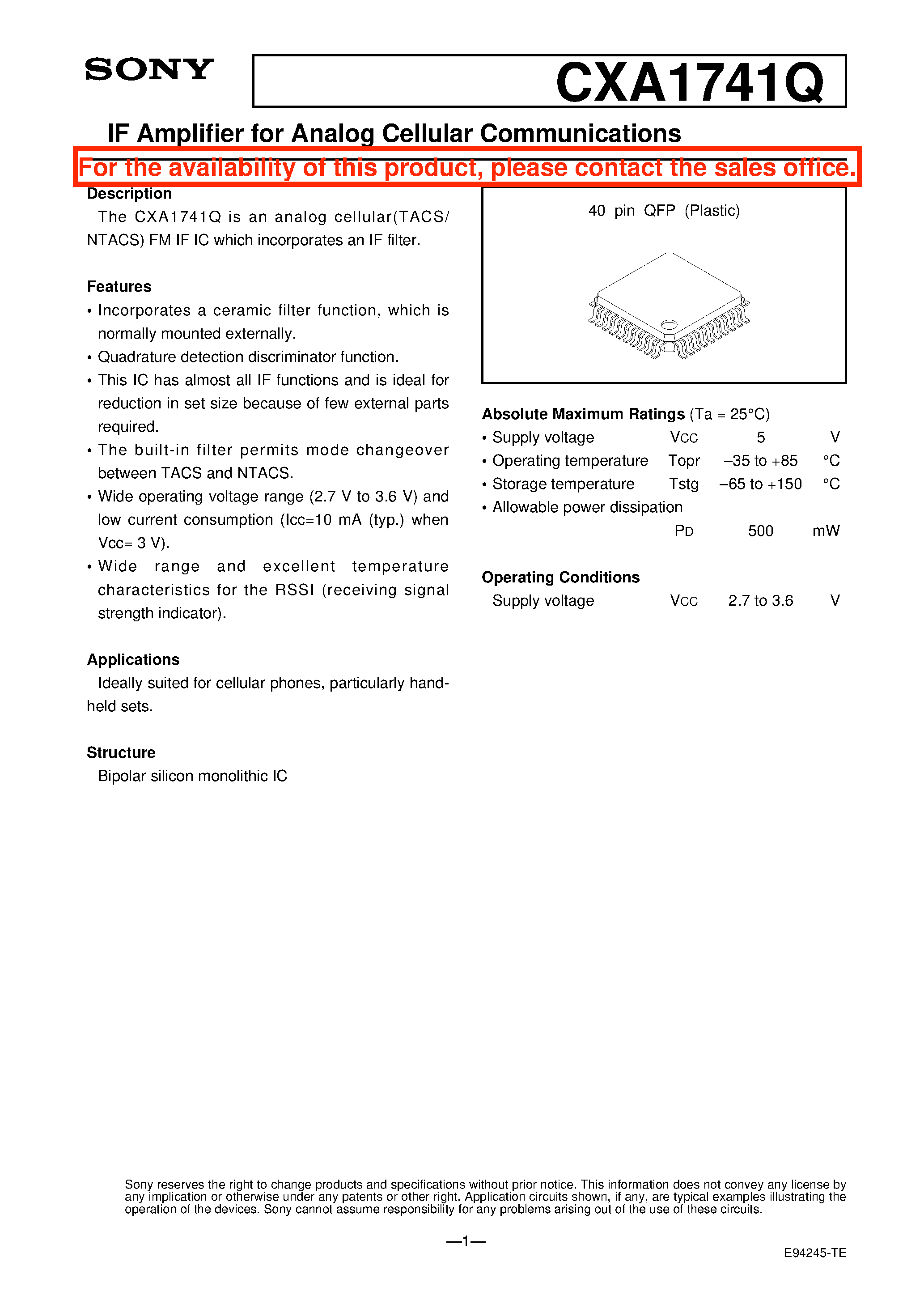 Datasheet CXA1741Q page 1 Datasheet CXA1741Q - IF Amplifier for Analog Cellular Communications page 1