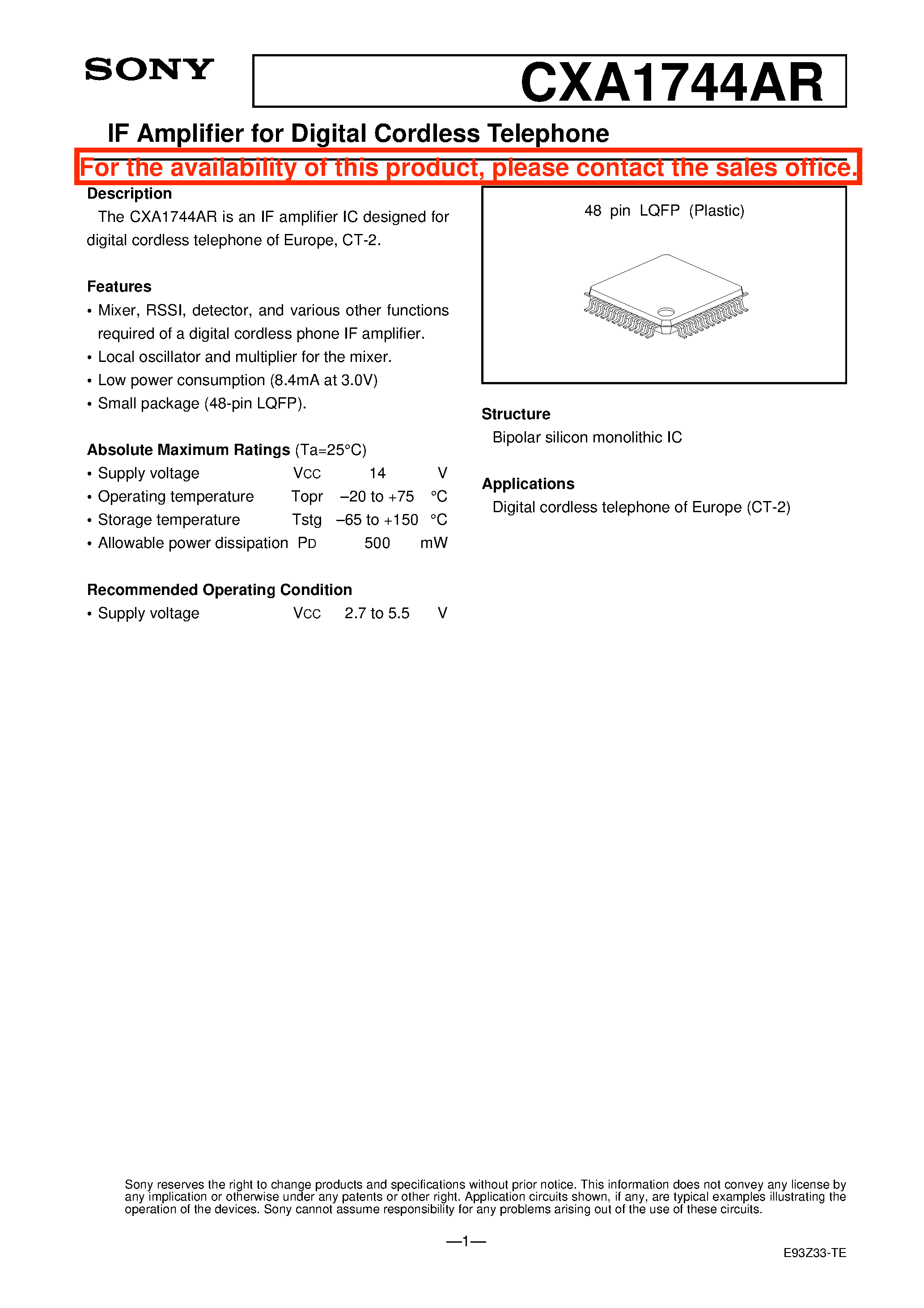 Datasheet CXA1744AR page 1 Datasheet CXA1744AR - IF Amplifier for Digital Cordless Telephone page 1
