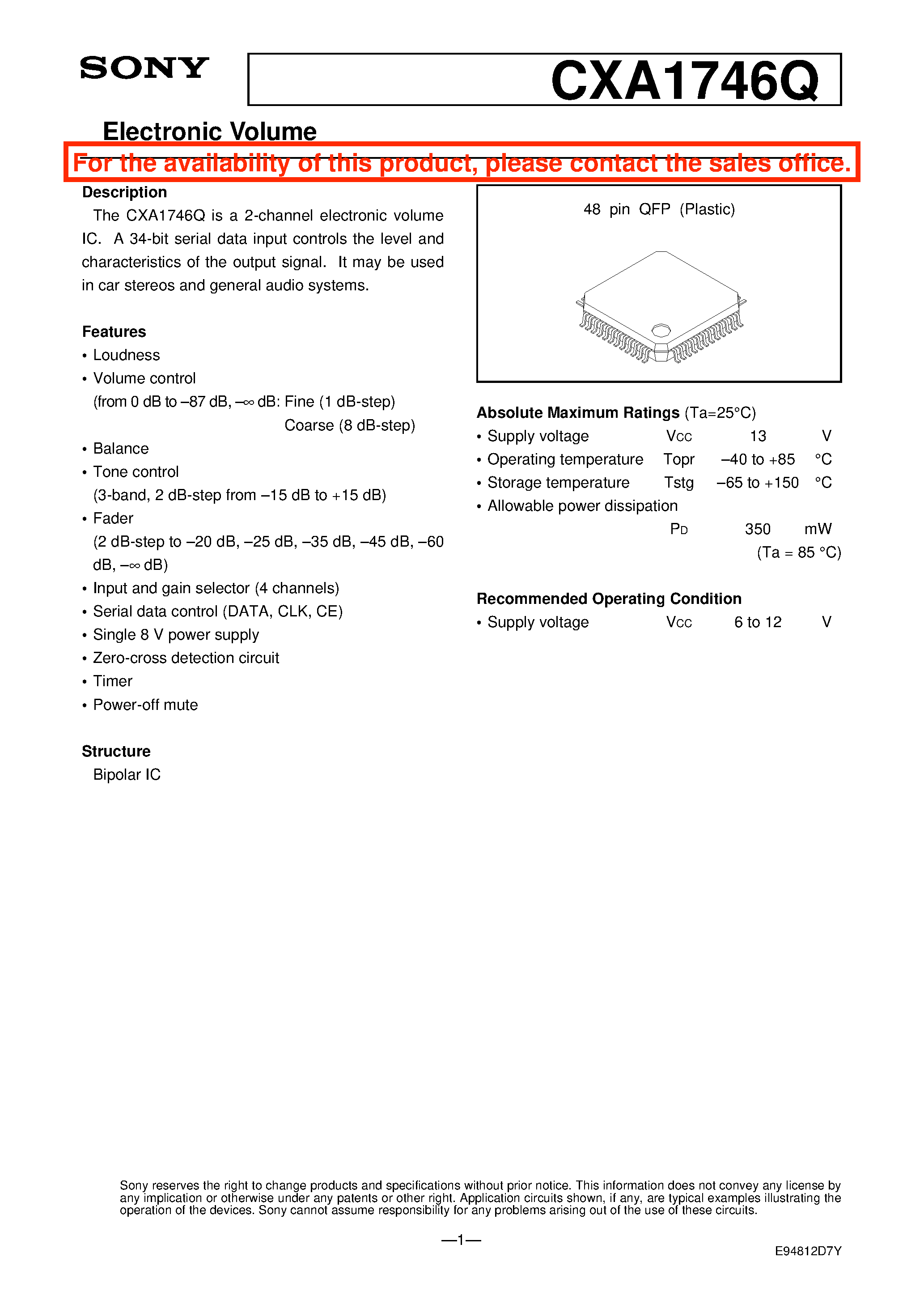 Datasheet CXA1746Q page 1 Datasheet CXA1746Q - Electronic Volume page 1