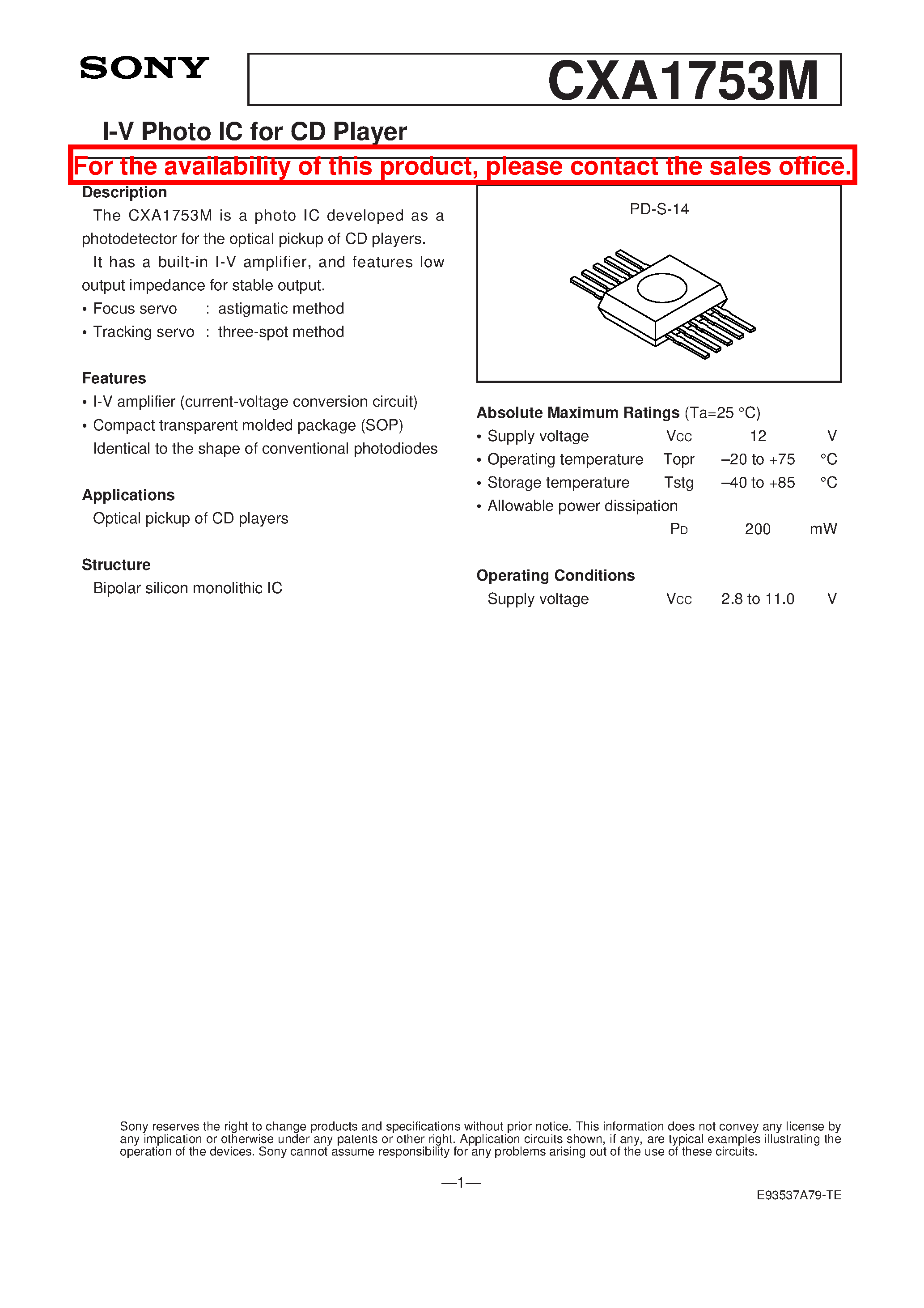 Datasheet CXA1753M page 1 Datasheet CXA1753M - I-V Photo IC for CD Player page 1