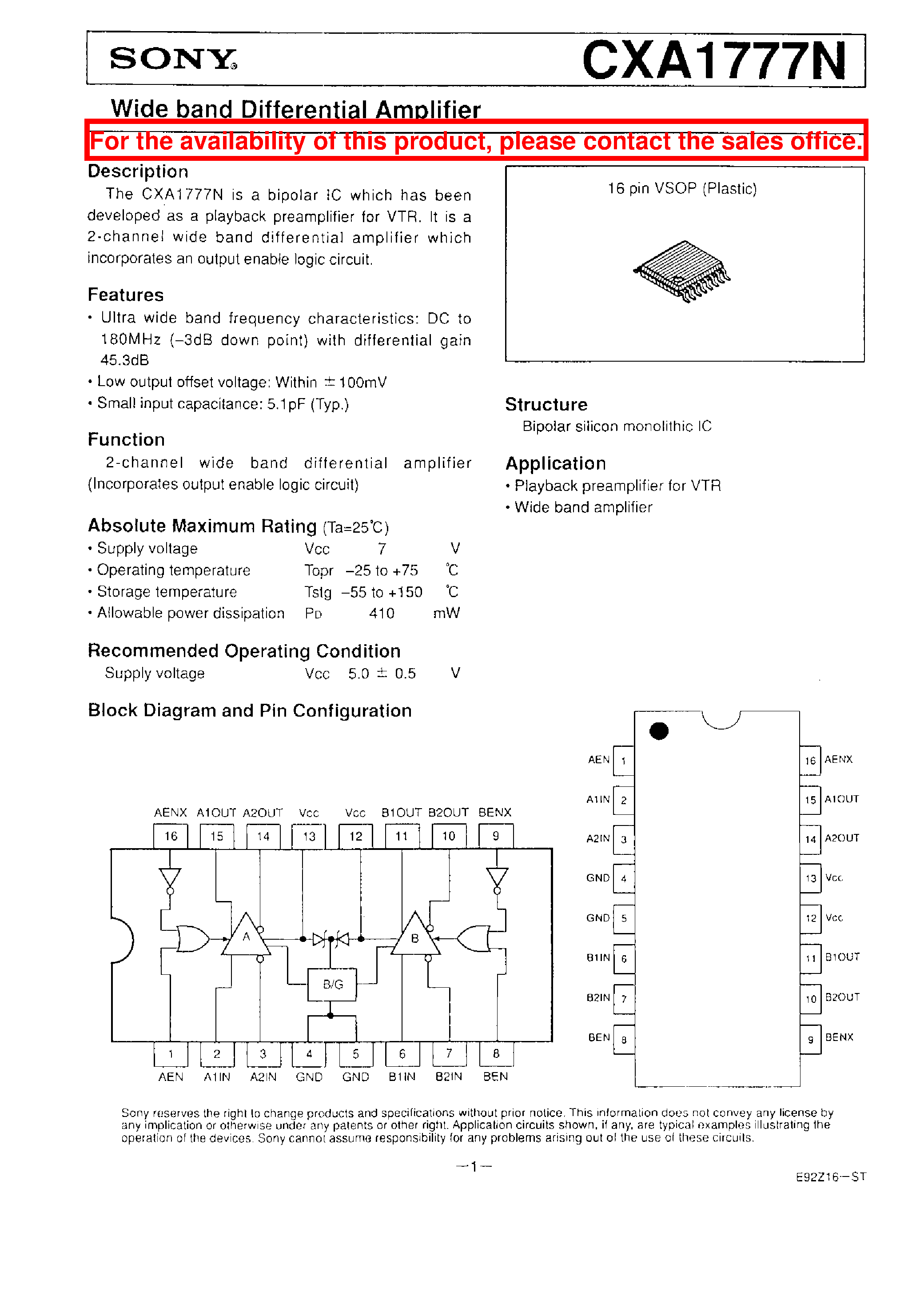 Datasheet CXA1777N page 1 Datasheet CXA1777N - WIDE BAND DIFFERENTIAL AMPLIFIER page 1