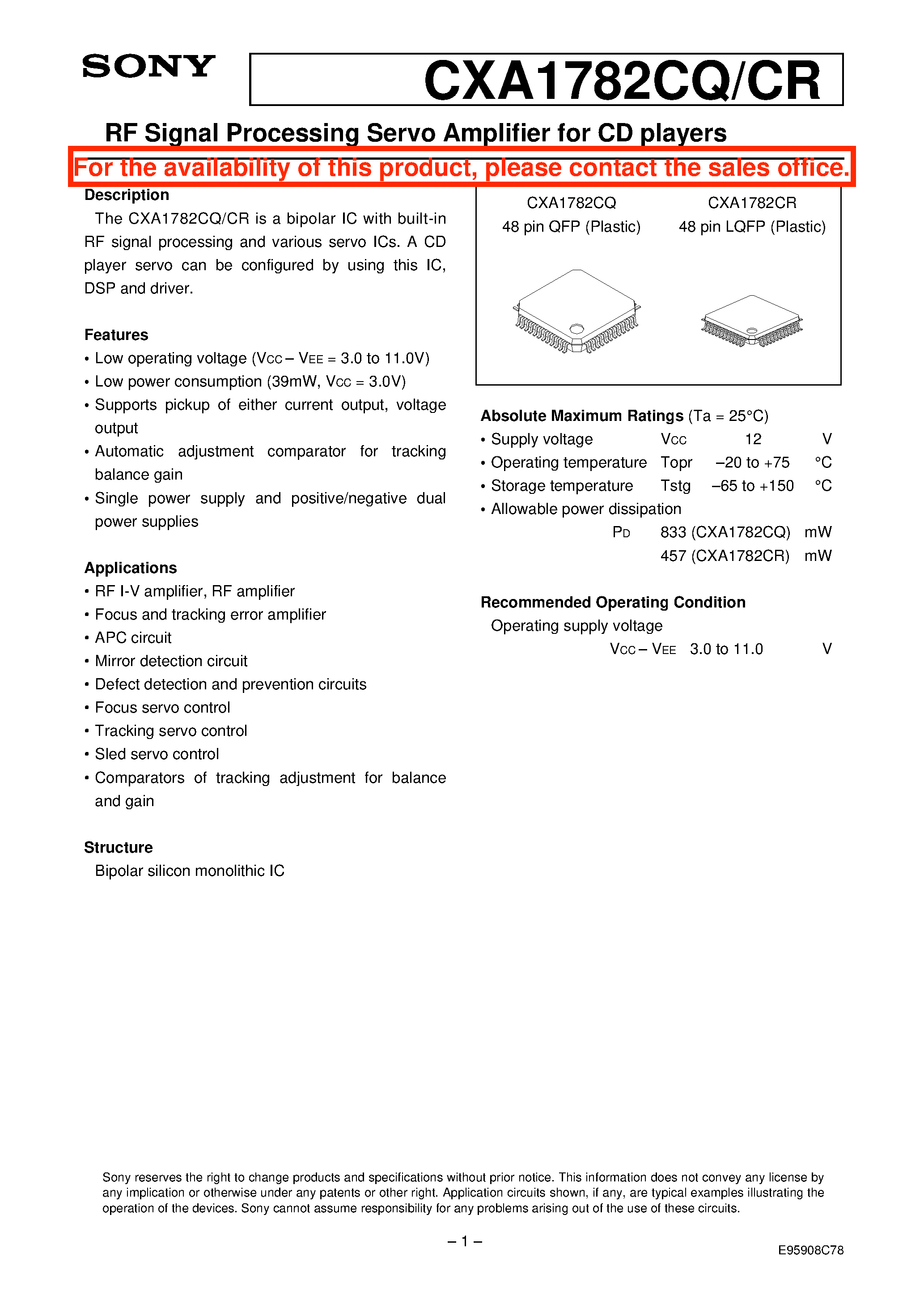Datasheet CXA1782CQ page 1 Datasheet CXA1782CQ - RF Signal Processing Servo Amplifier for CD players page 1
