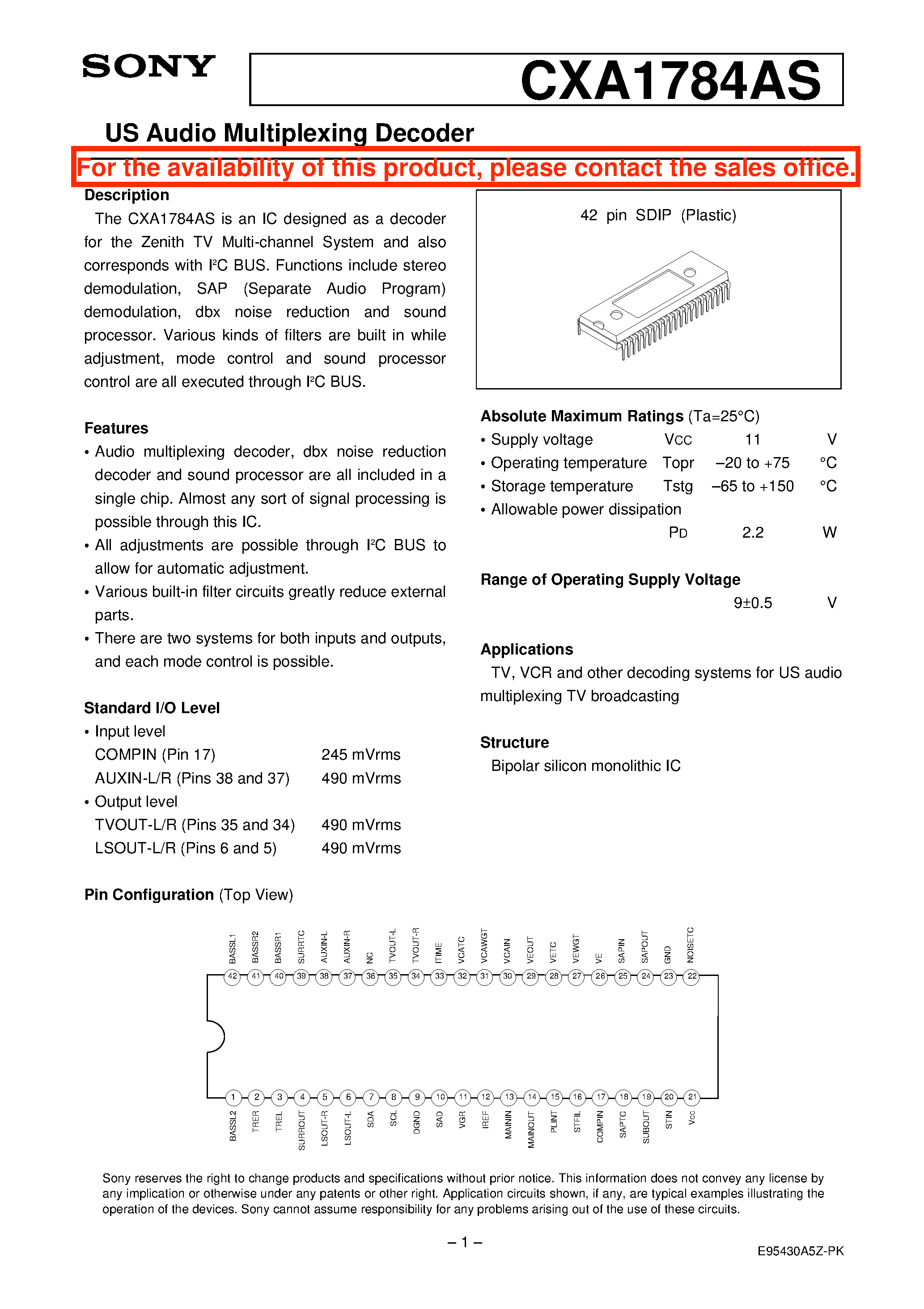 Datasheet CXA1784AS - US Audio Multiplexing Decoder page 1