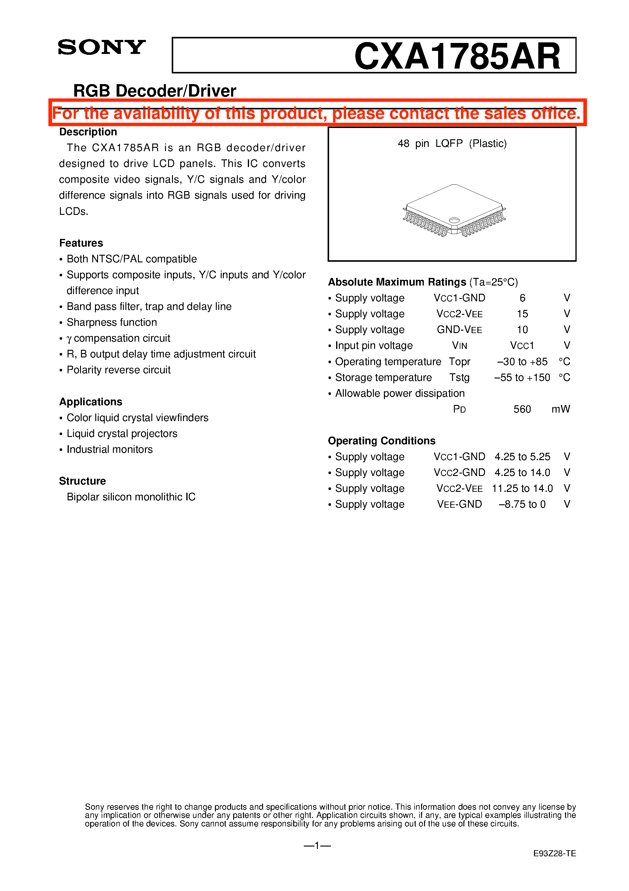 Datasheet CXA1785AR - US Audio Multiplexing Decoder page 1