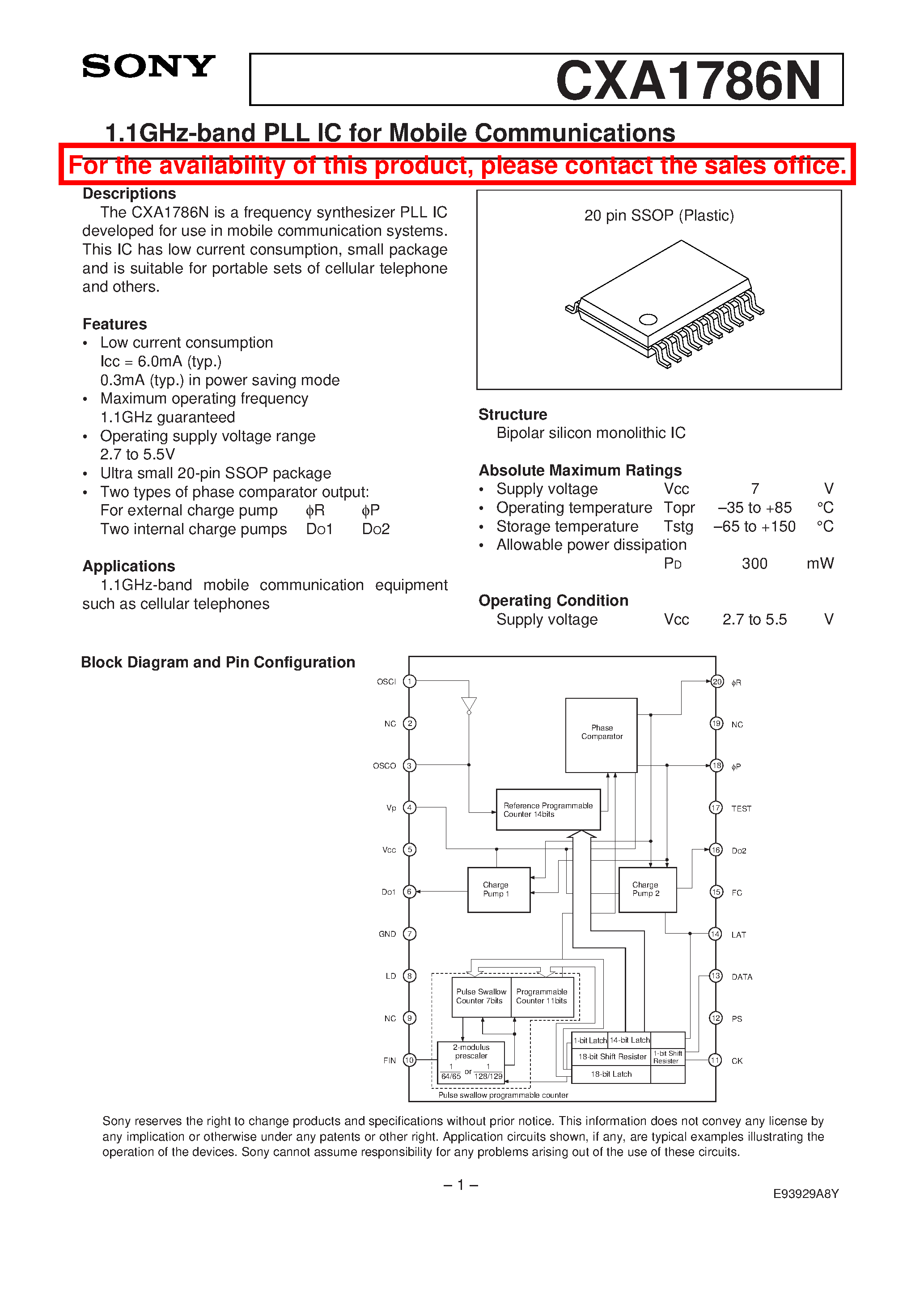 Datasheet CXA1786N page 1 Datasheet CXA1786N - 1.1GHz-band PLL IC for Mobile Communications page 1