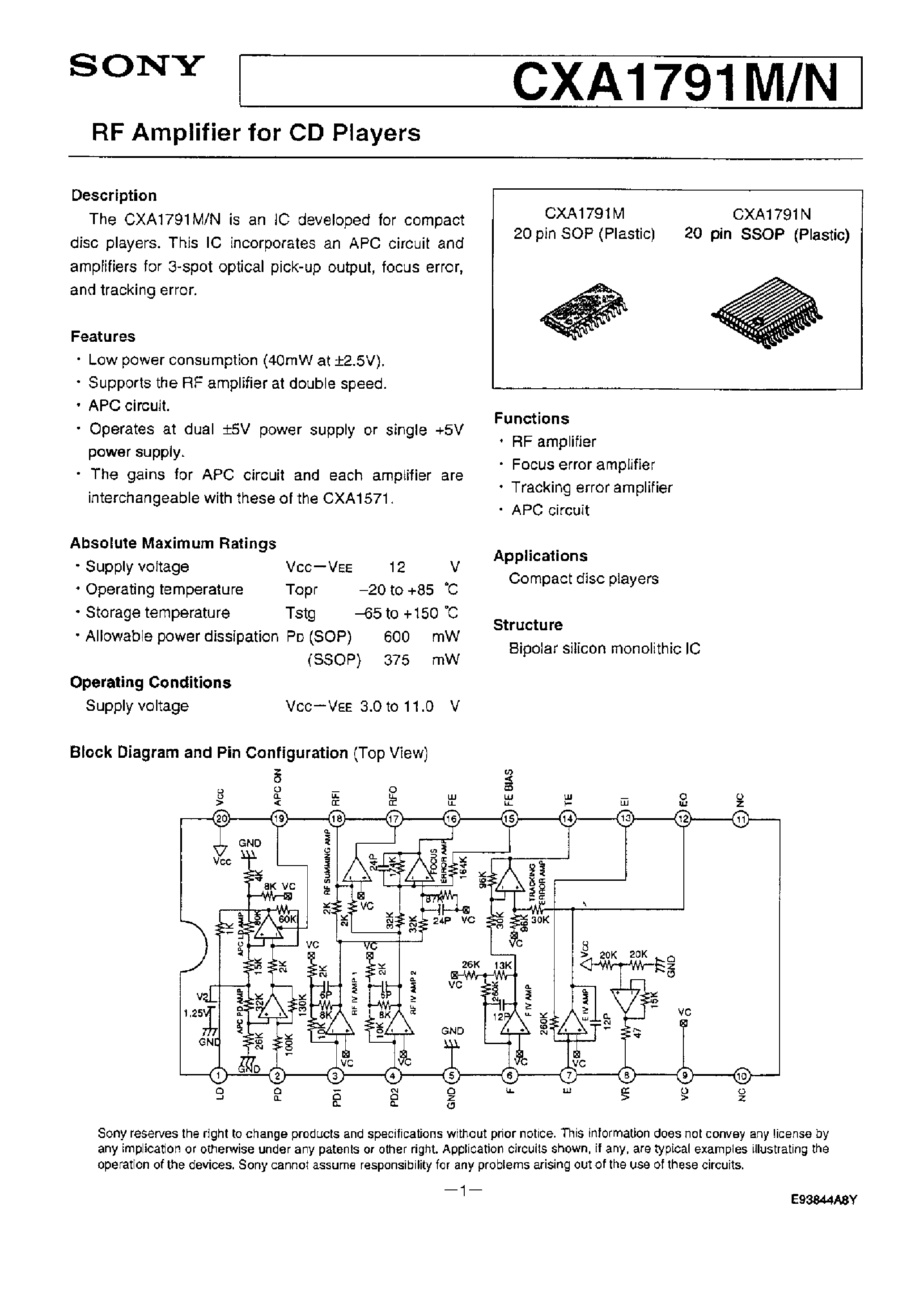 Datasheet CXA1791M - RF AMPLIFIER FOR CD PLAYERS page 1
