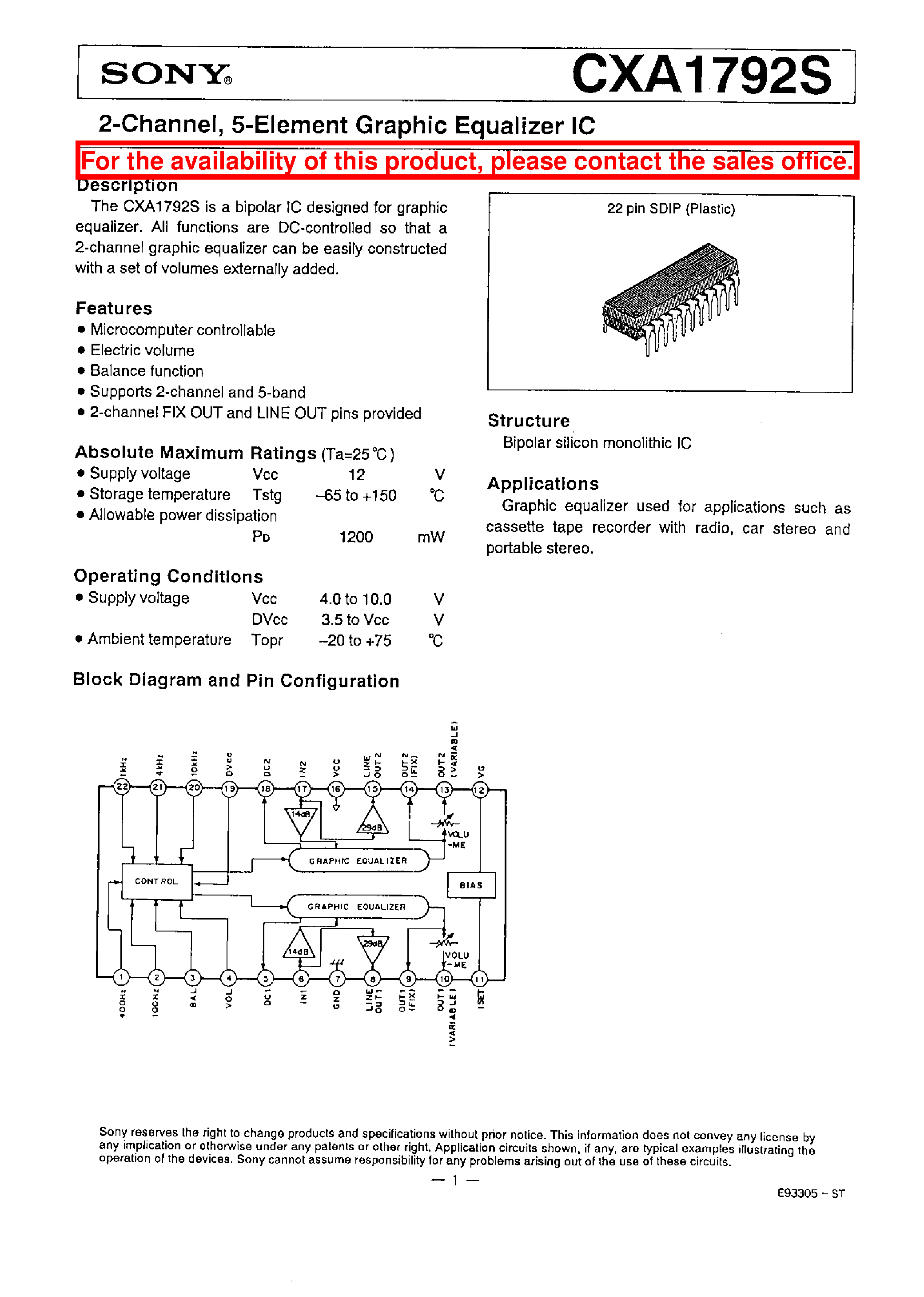 Datasheet CXA1792S - 2-CHANNEL/ 5-ELEMENT GRAPHIC EQUALIZER IC page 1