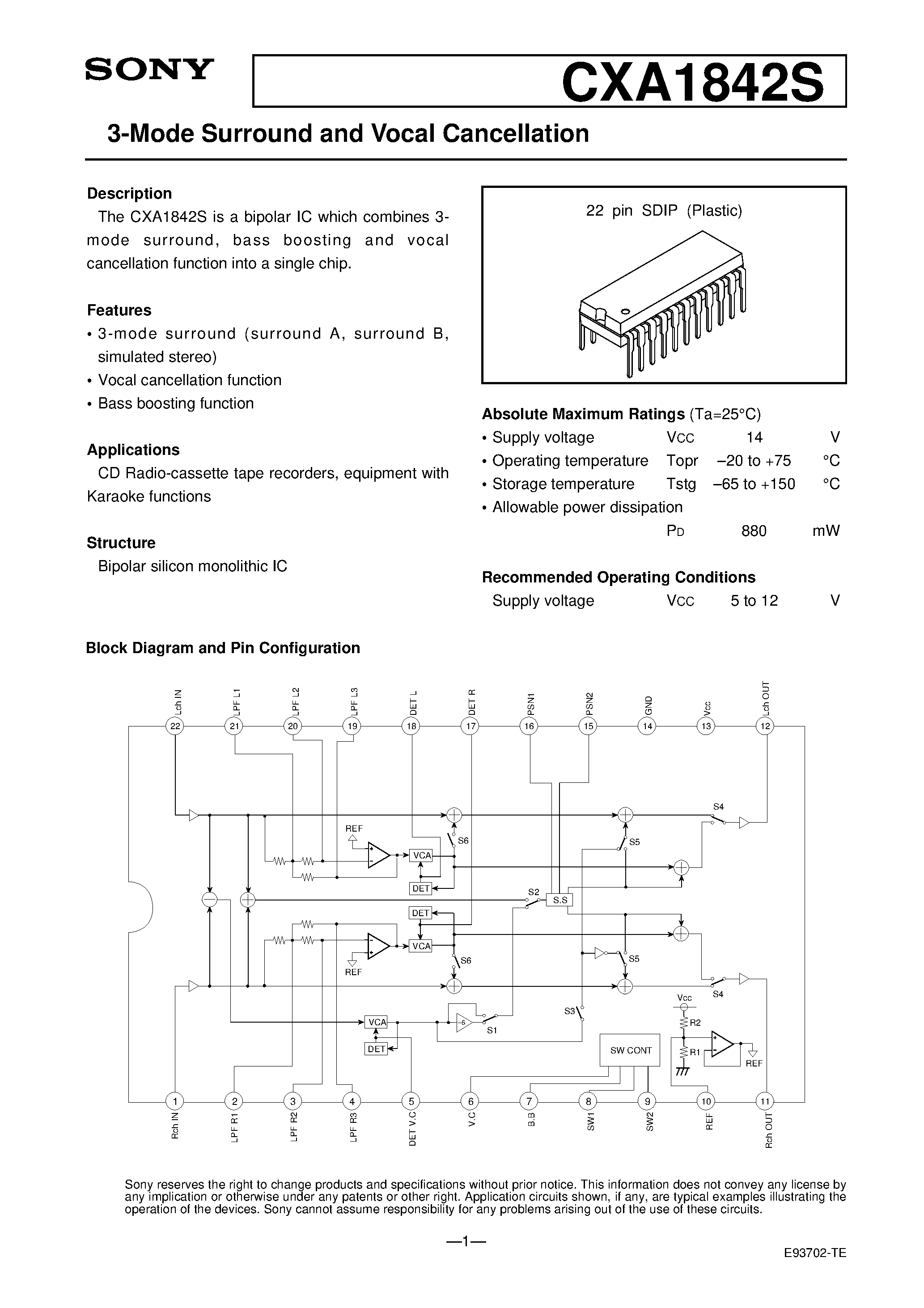 Datasheet CXA1842 - 3-Mode Surround and Vocal Cancellation page 1