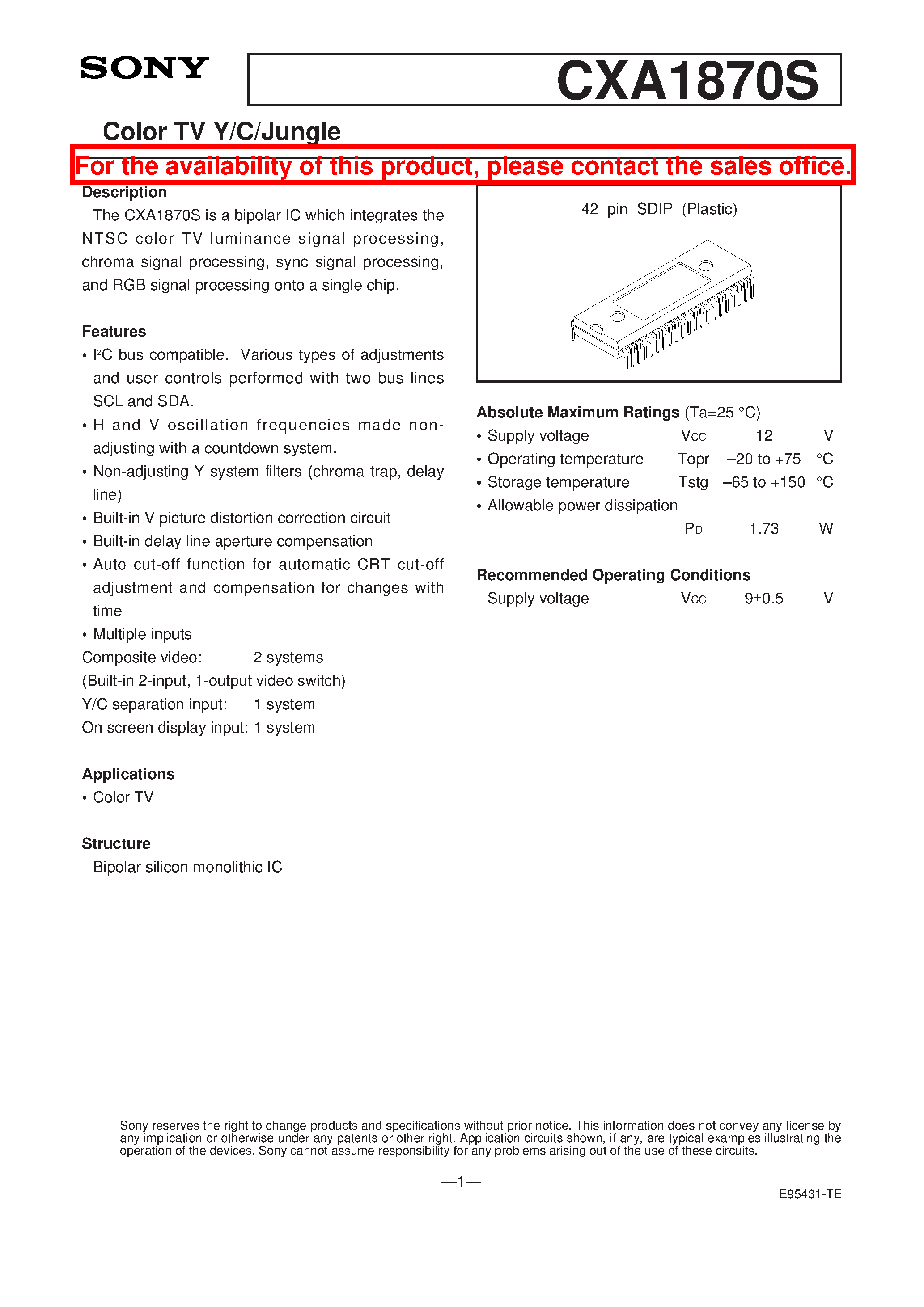 Datasheet CXA1870 page 1 Datasheet CXA1870 - Color TV Y/C/Jungle page 1