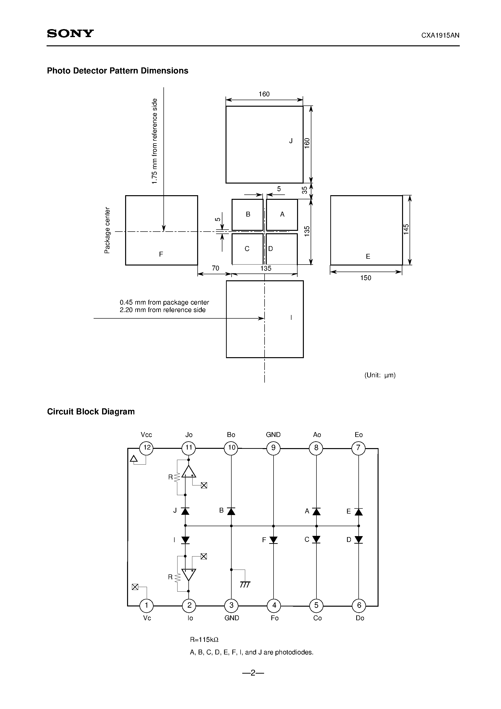 Datasheet CXA1915AN page 2 Datasheet CXA1915AN - I-V Photo IC for MiniDisc page 2