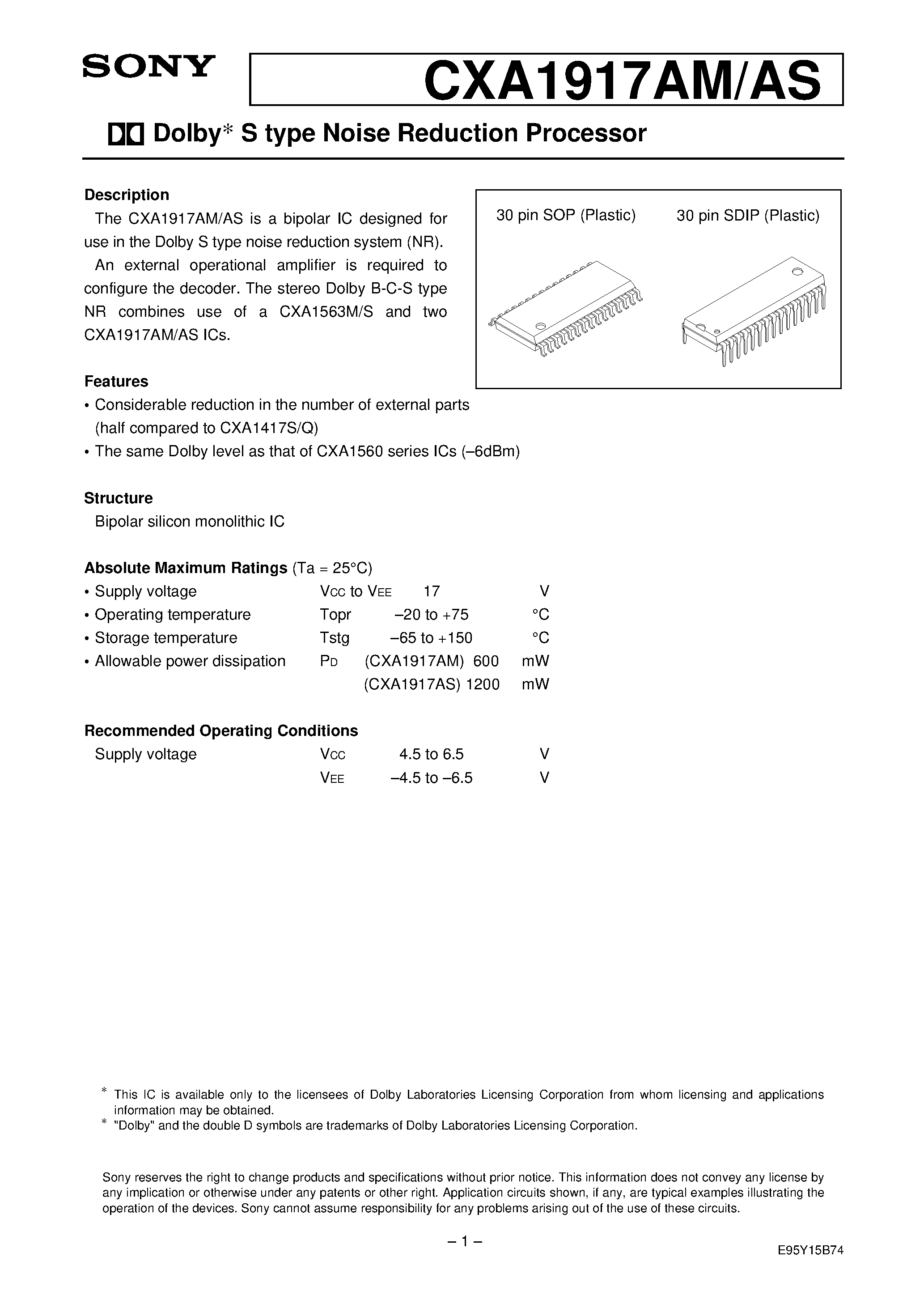 Datasheet CXA1917AM page 1 Datasheet CXA1917AM - Dolby S type Noise Reduction Processor page 1
