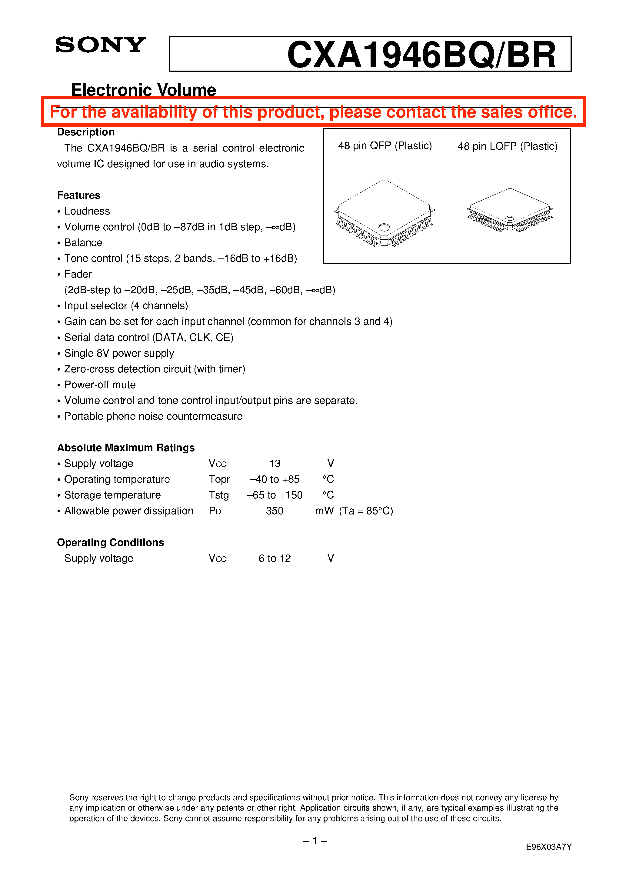 Datasheet CXA1946BR page 1 Datasheet CXA1946BR - Electronic Volume page 1