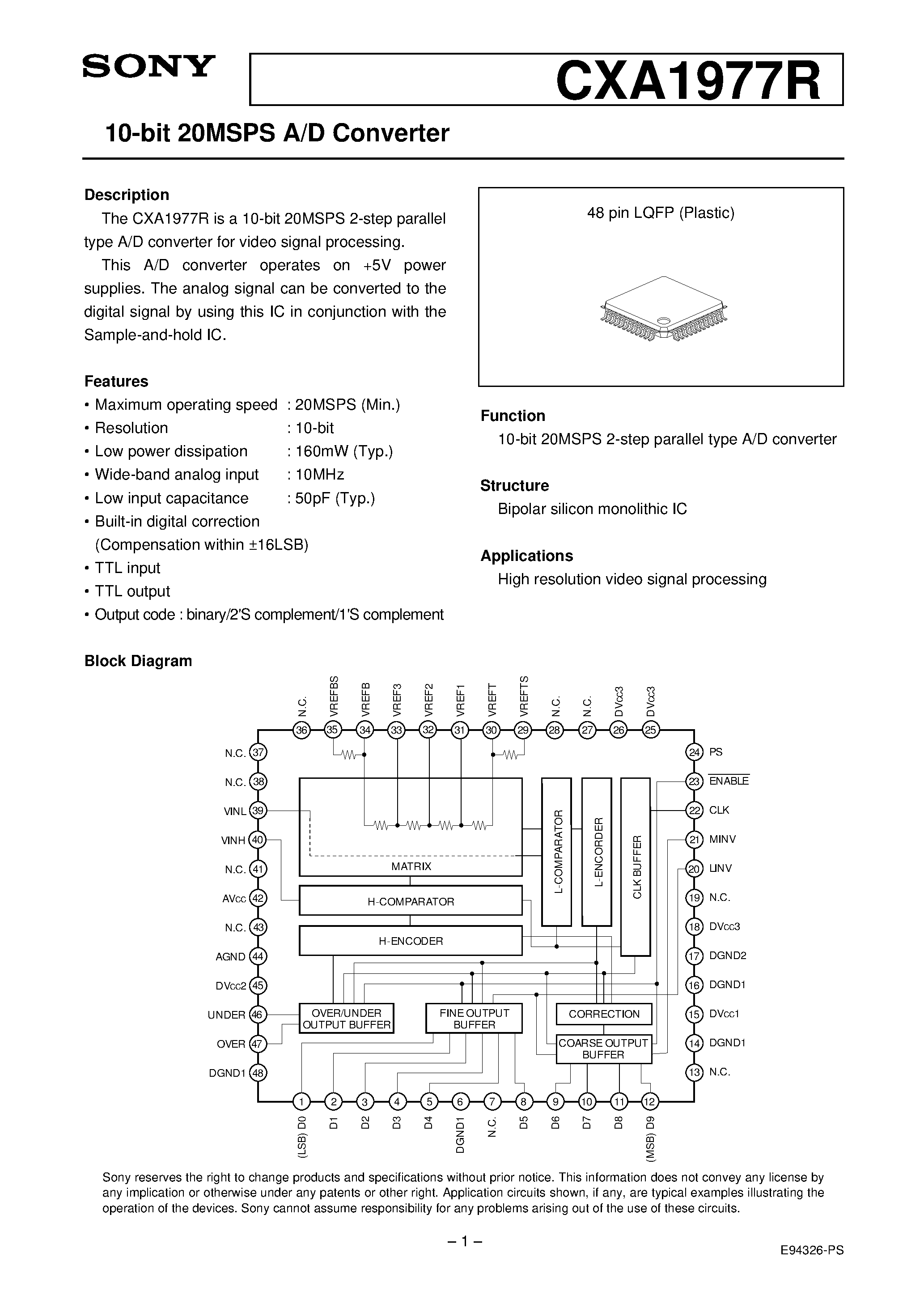 Datasheet CXA1977R page 1 Datasheet CXA1977R - 10-bit 20MSPS A/D Converter page 1