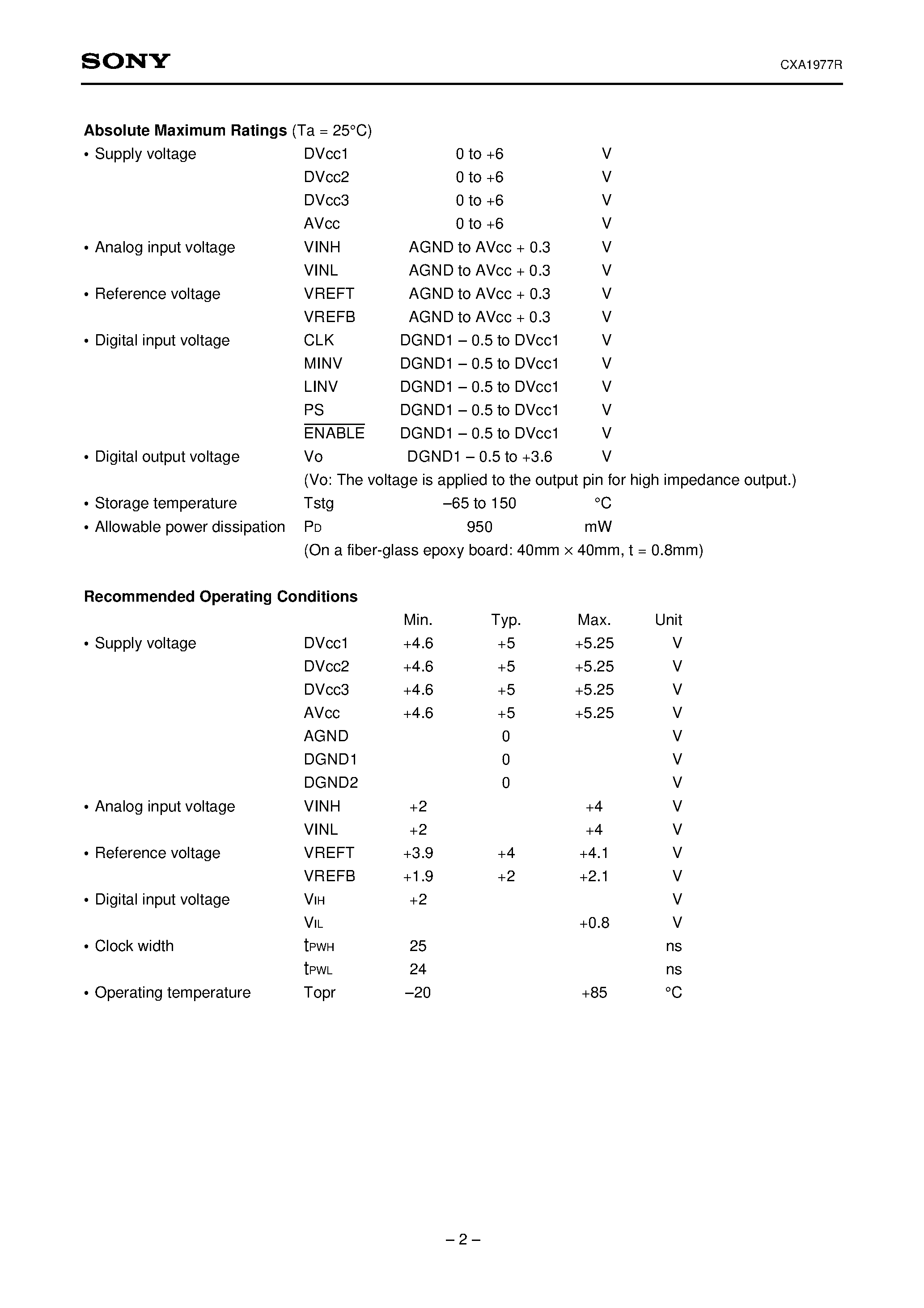 Datasheet CXA1977R page 2 Datasheet CXA1977R - 10-bit 20MSPS A/D Converter page 2