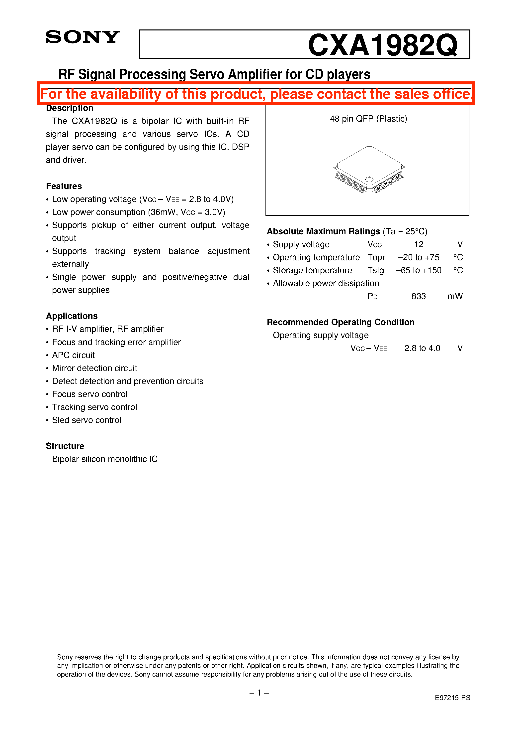 Datasheet CXA1982Q page 1 Datasheet CXA1982Q - RF Signal Processing Servo Amplifier for CD players page 1