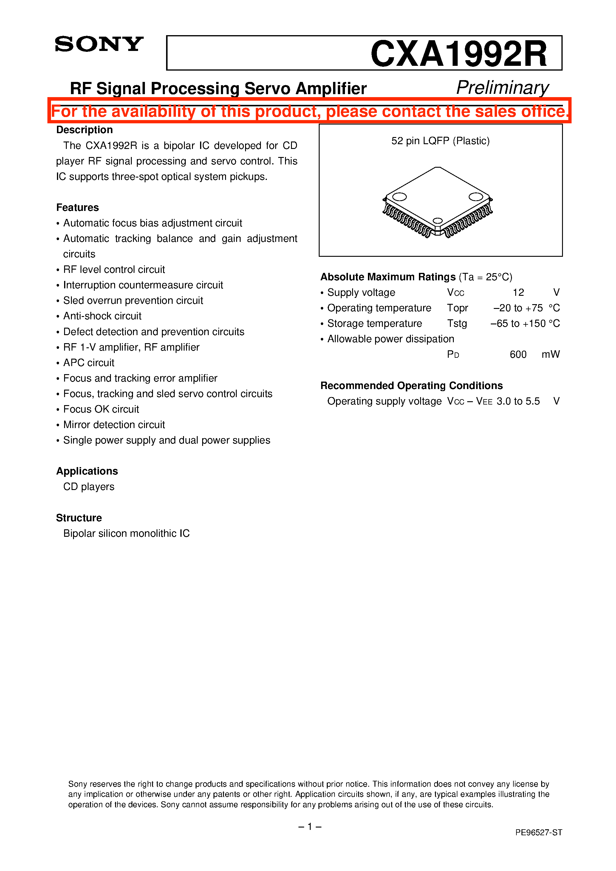 Datasheet CXA1992R page 1 Datasheet CXA1992R - RF Signal Processing Servo Amplifier page 1