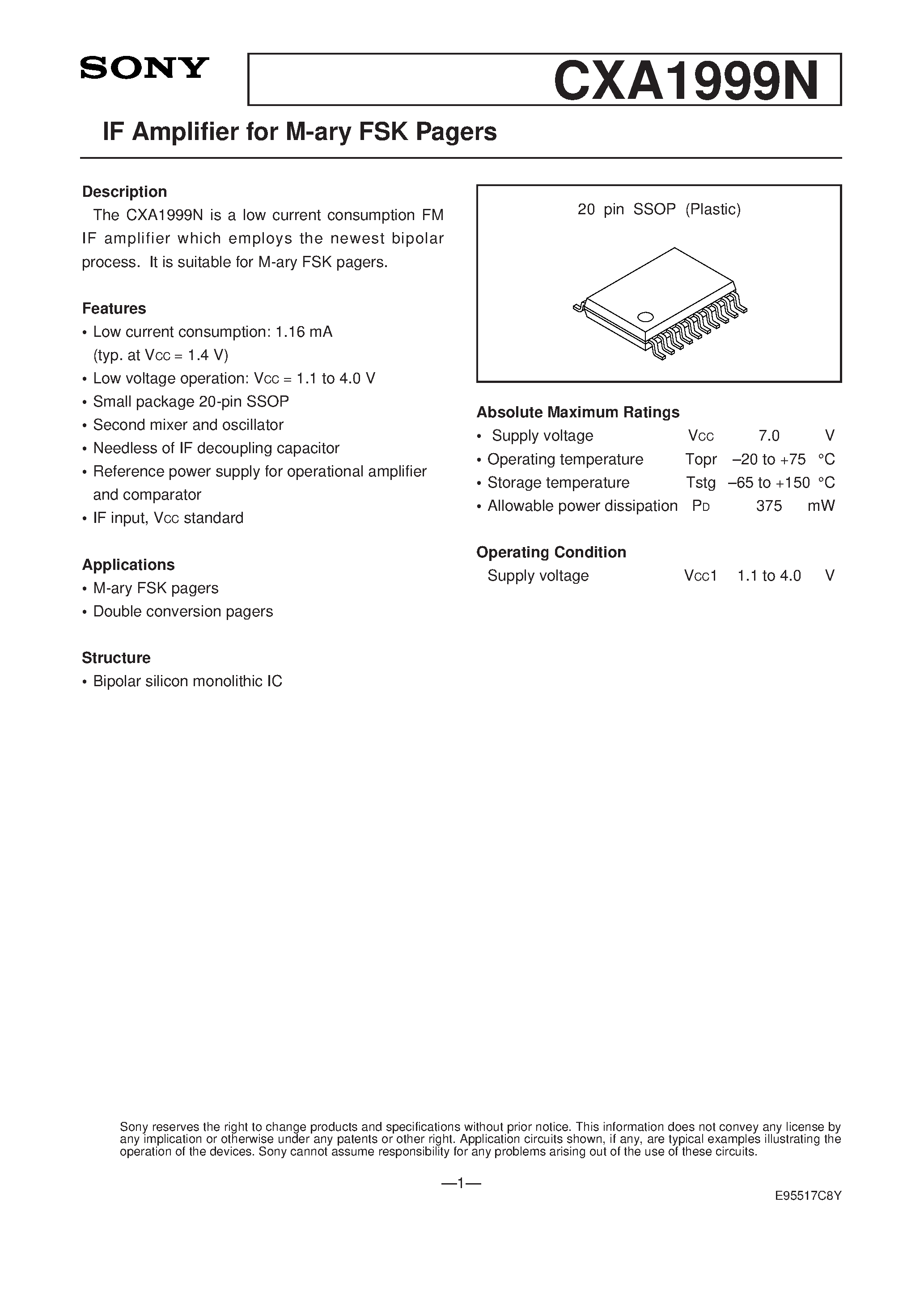 Datasheet CXA1999 page 1 Datasheet CXA1999 - IF Amplifier for M-ary FSK Pagers page 1