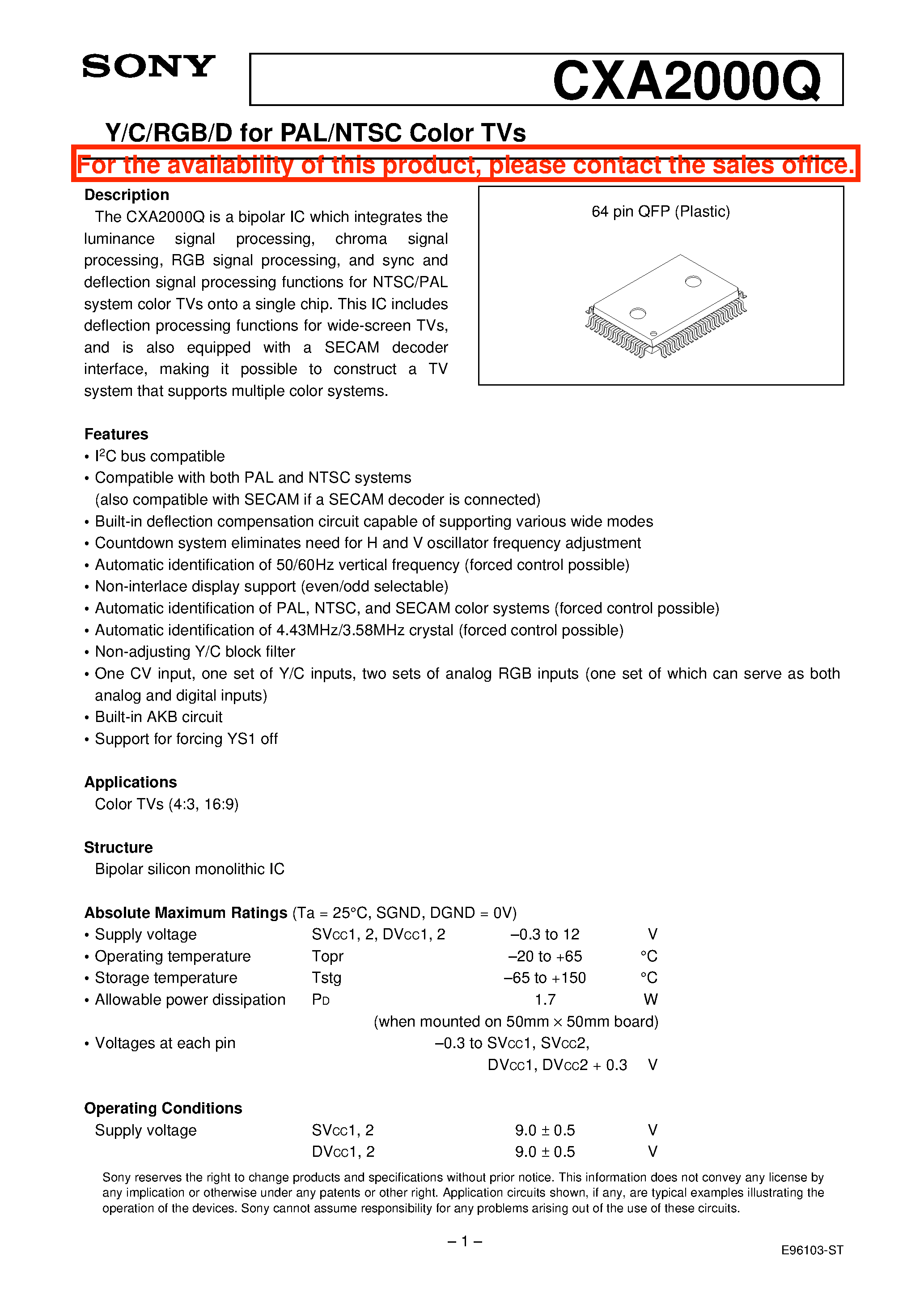 Datasheet CXA2000 page 1 Datasheet CXA2000 - Y/C/RGB/D for PAL/NTSC Color TVs page 1
