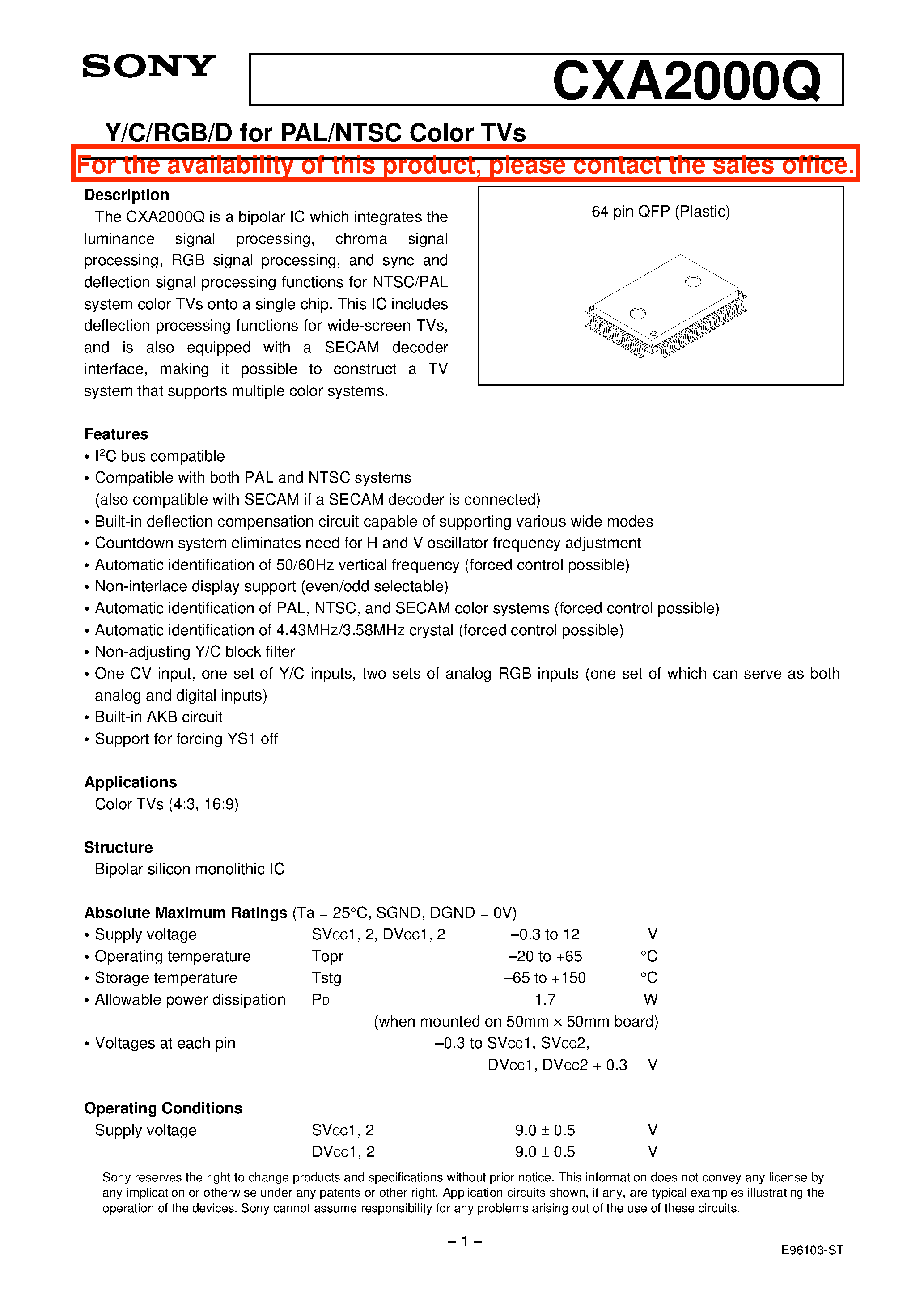 Datasheet CXA2000 - Y/C/RGB/D for PAL/NTSC Color TVs page 1