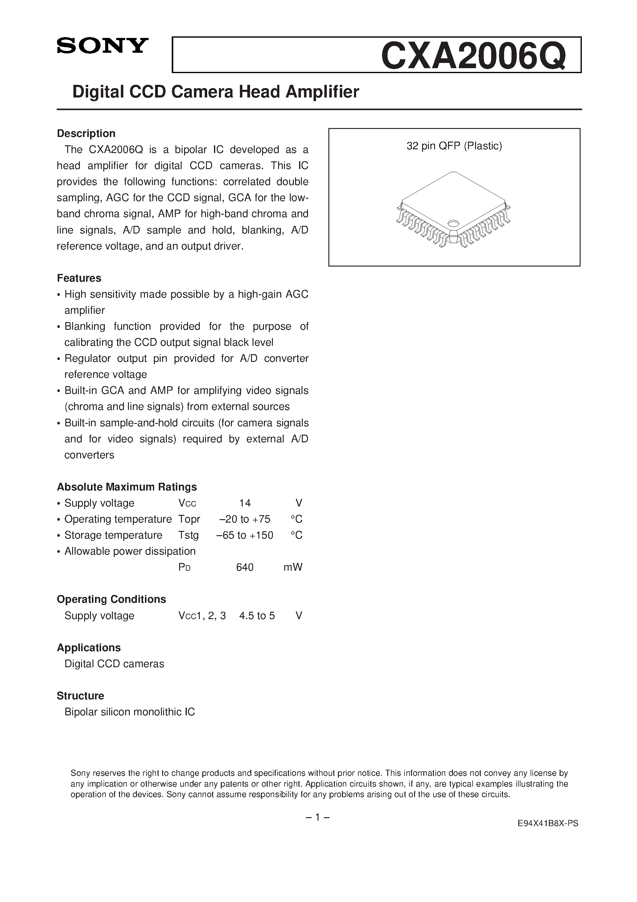 Datasheet CXA2006Q page 1 Datasheet CXA2006Q - Digital CCD Camera Head Amplifier page 1