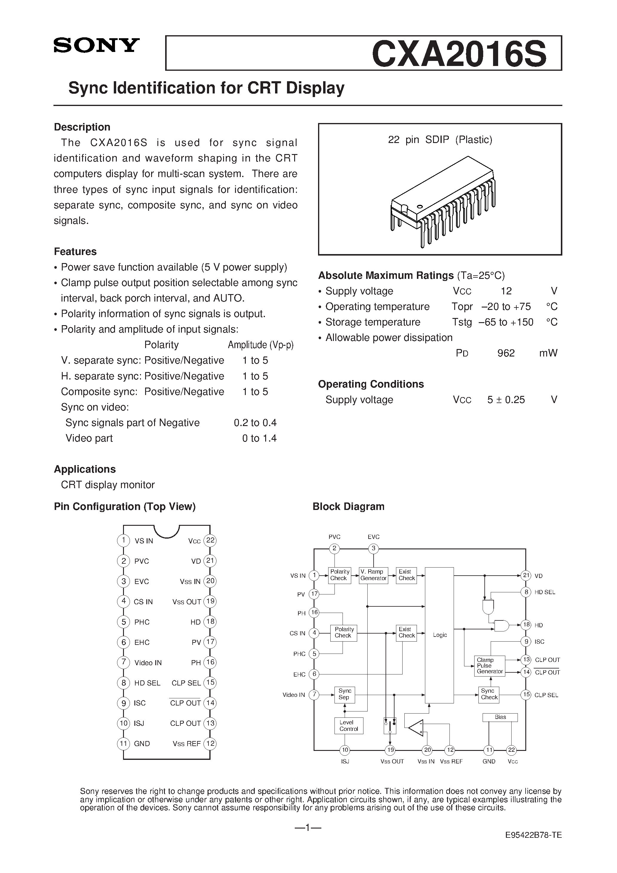 Datasheet CXA2016S page 1 Datasheet CXA2016S - Sync Identification for CRT Display page 1