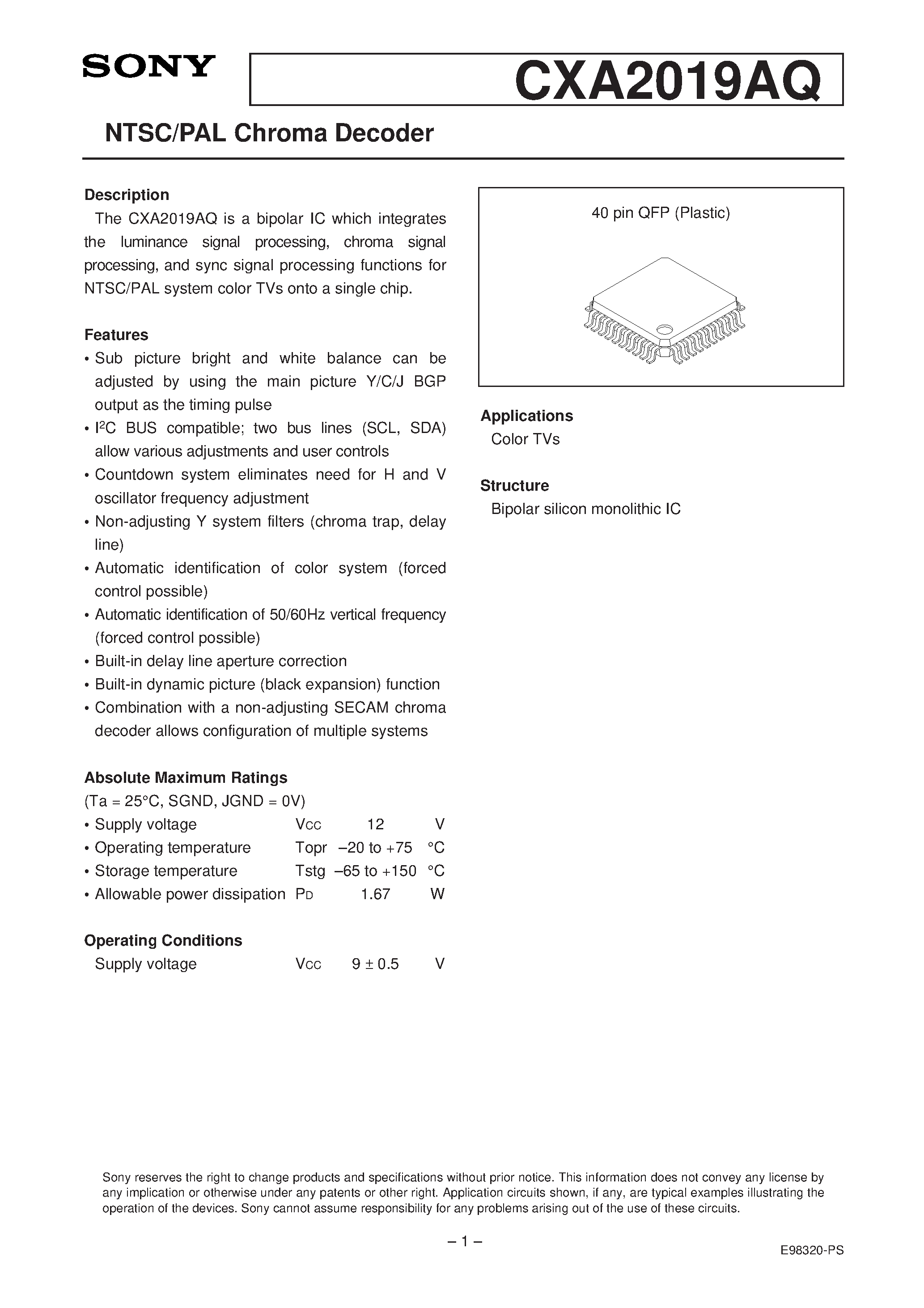 Datasheet CXA2019 page 1 Datasheet CXA2019 - NTSC/PAL Chroma Decoder page 1