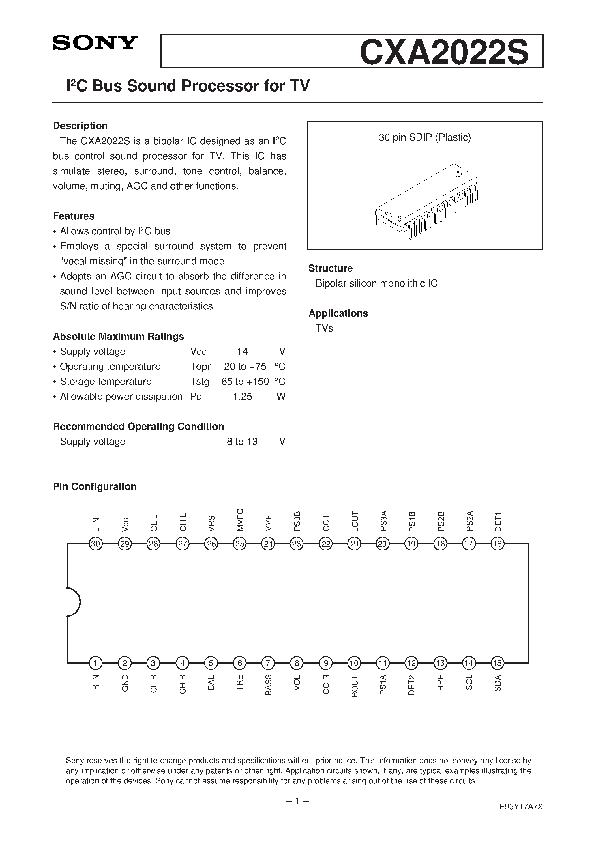 Datasheet CXA2022 page 1 Datasheet CXA2022 - I2C Bus Sound Processor for TV page 1