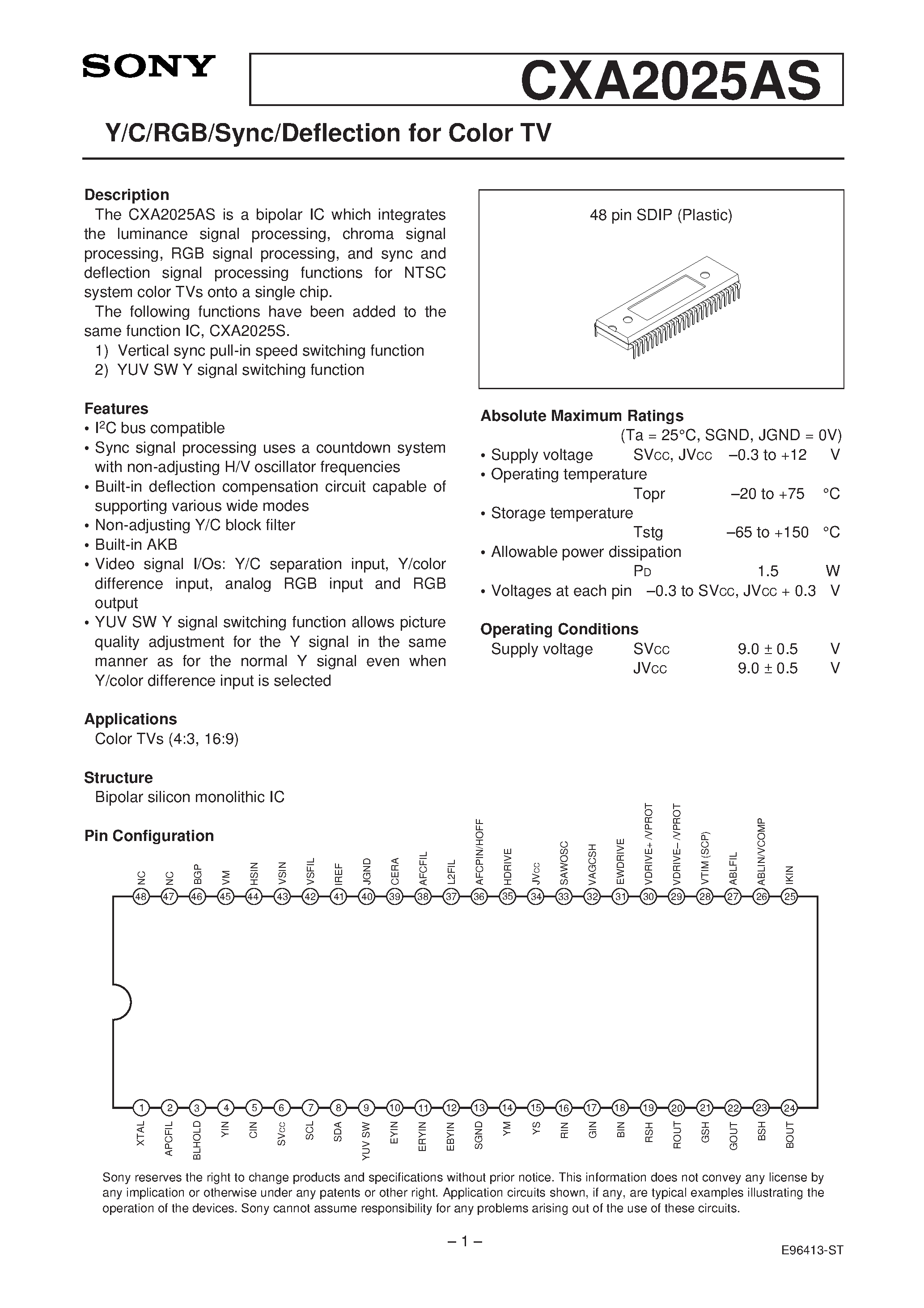 Datasheet CXA2025 page 1 Datasheet CXA2025 - Y/C/RGB/Sync/Deflection for Color TV page 1