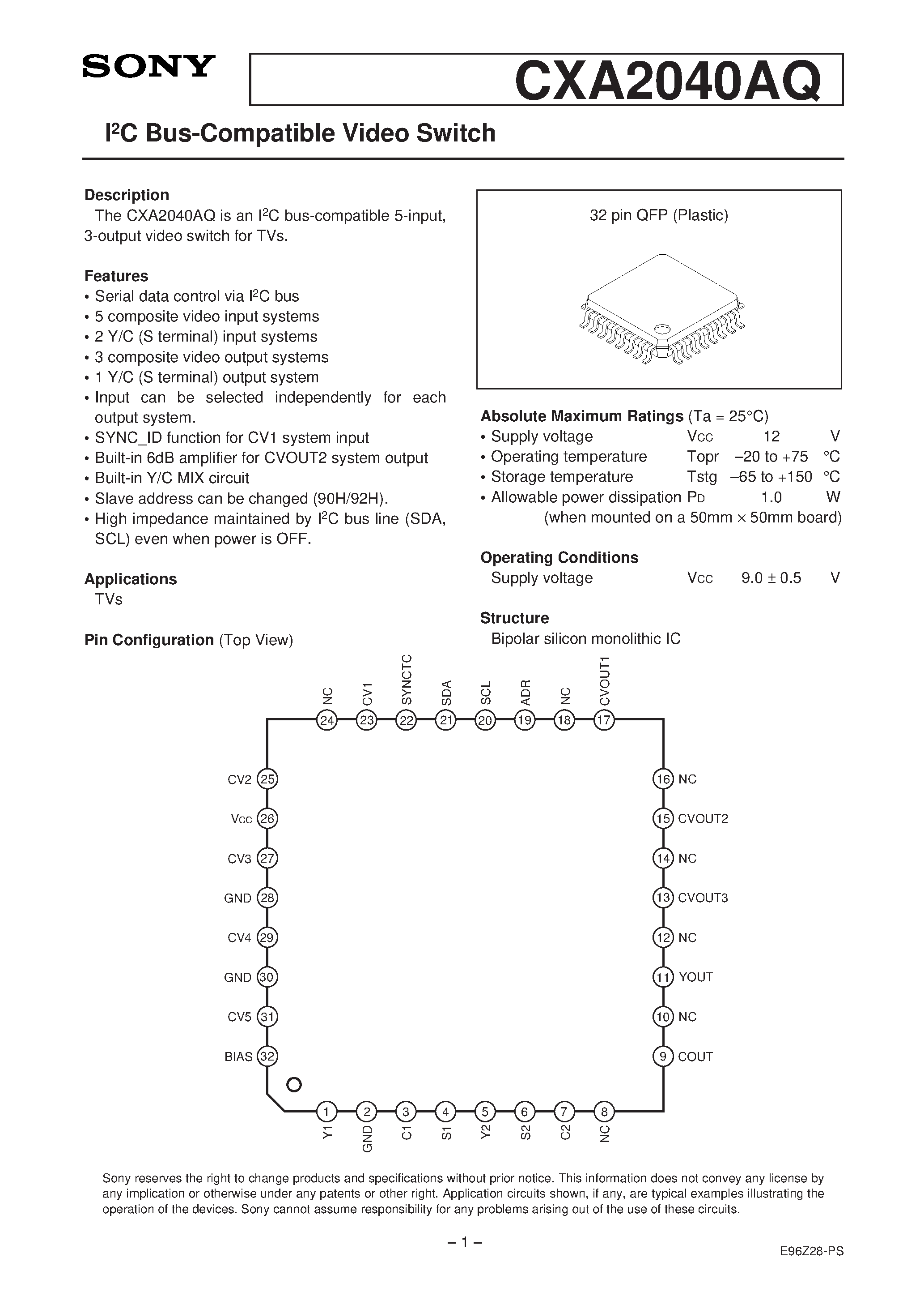 Datasheet CXA2040 page 1 Datasheet CXA2040 - I2C Bus-Compatible Video Switch page 1