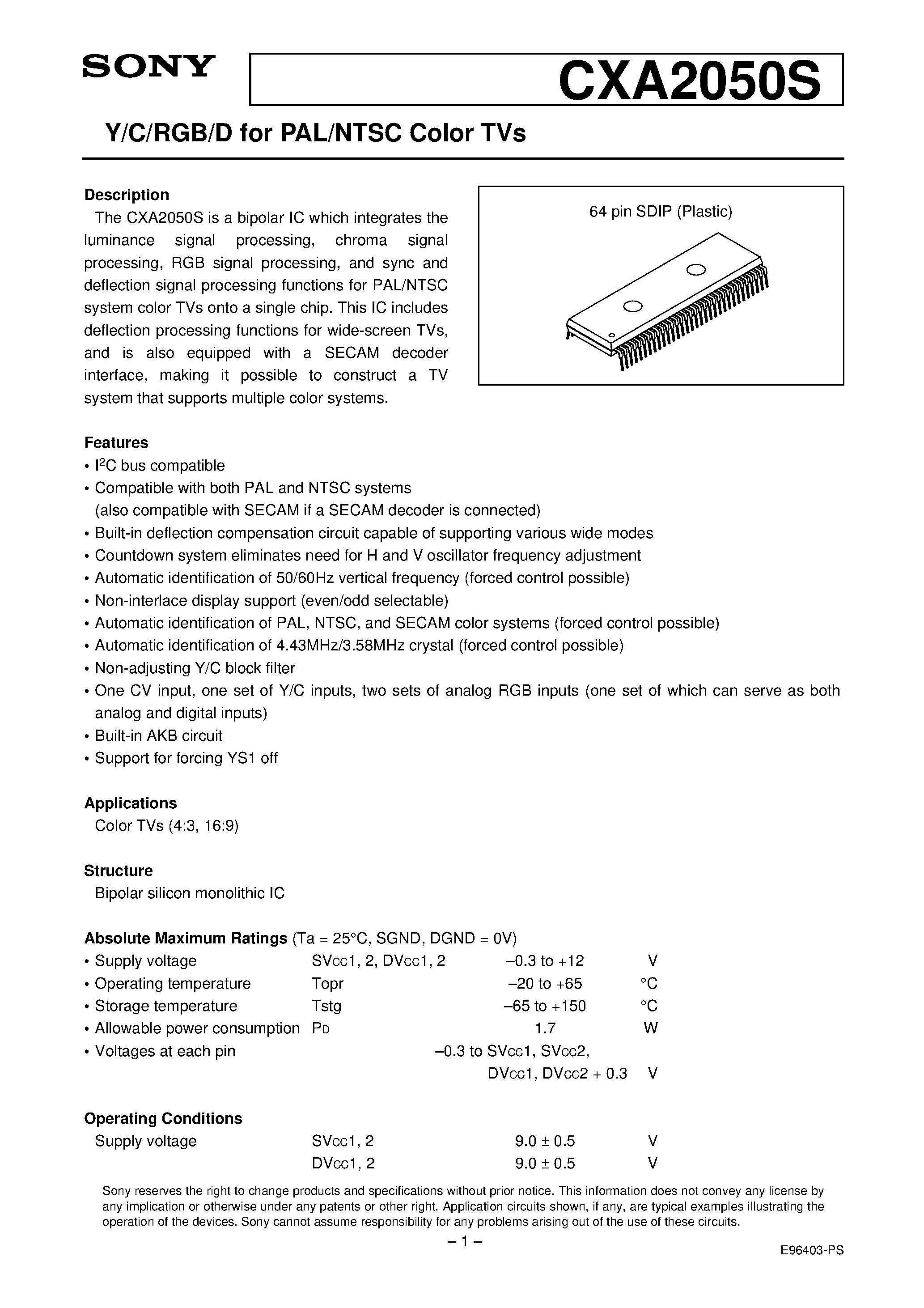 Datasheet CXA2050 - Y/C/RGB/D for PAL/NTSC Color TVs page 1