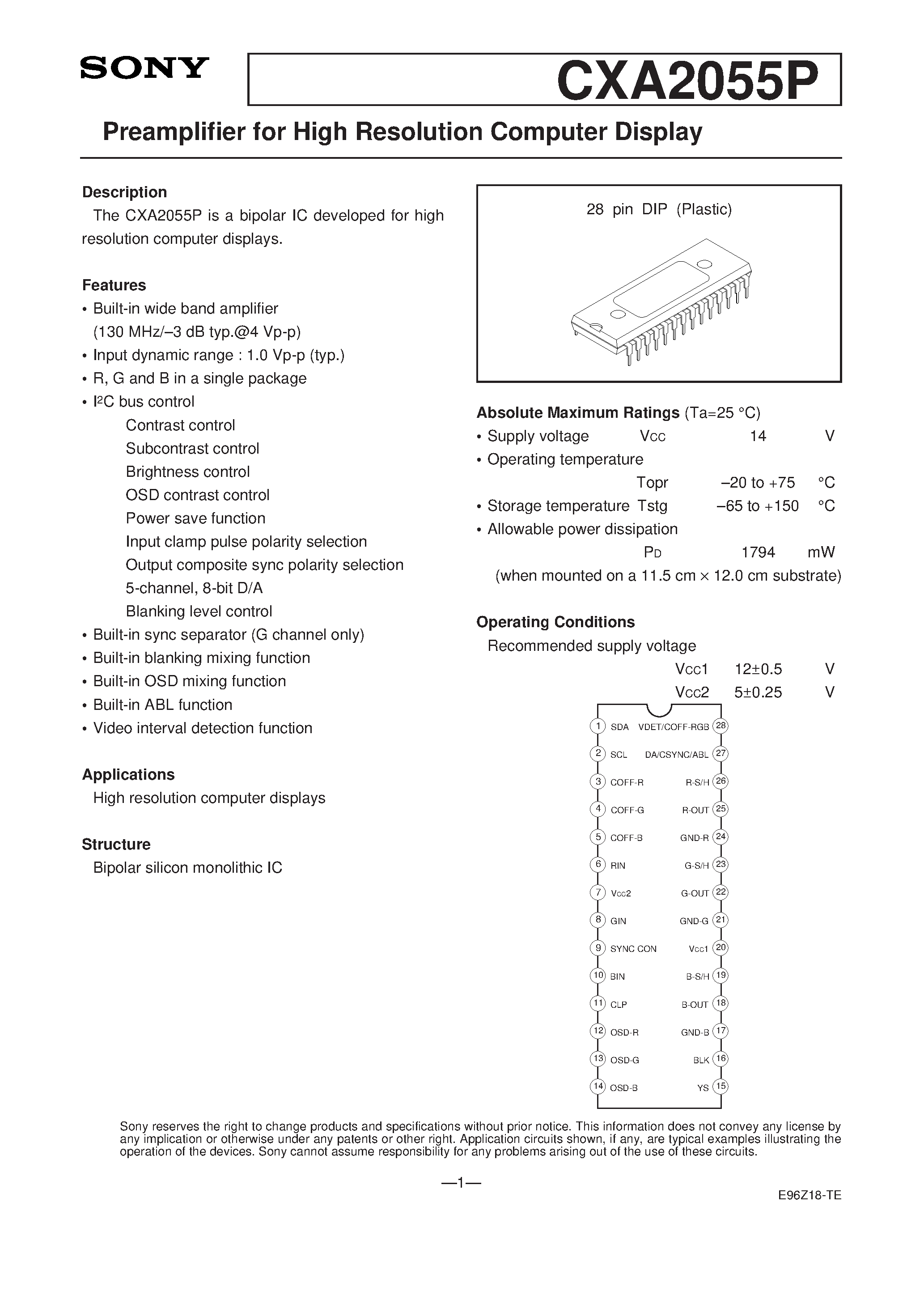 Datasheet CXA2055P page 1 Datasheet CXA2055P - Preamplifier for High Resolution Computer Display page 1