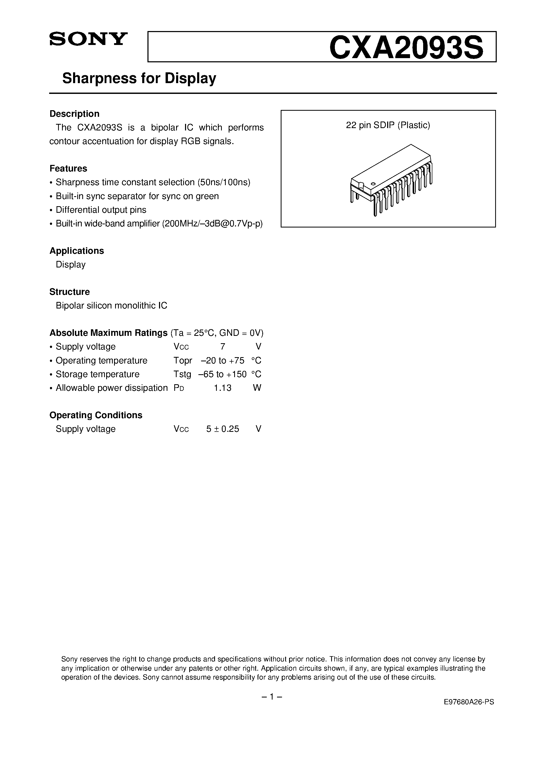 Даташит CXA2093 - Sharpness for Display страница 1