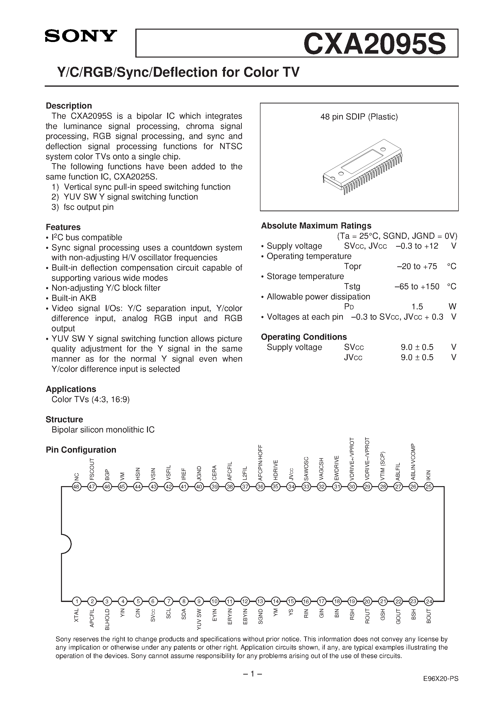 Datasheet CXA2095 - Y/C/RGB/Sync/Deflection for Color TV page 1