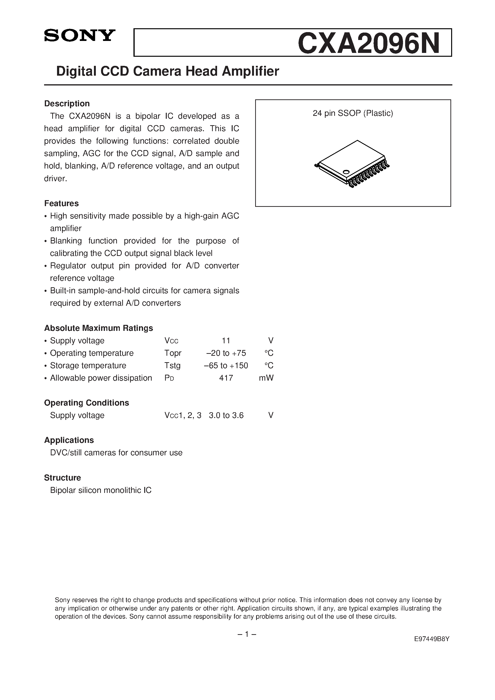 Datasheet CXA2096 page 1 Datasheet CXA2096 - Digital CCD Camera Head Amplifier page 1