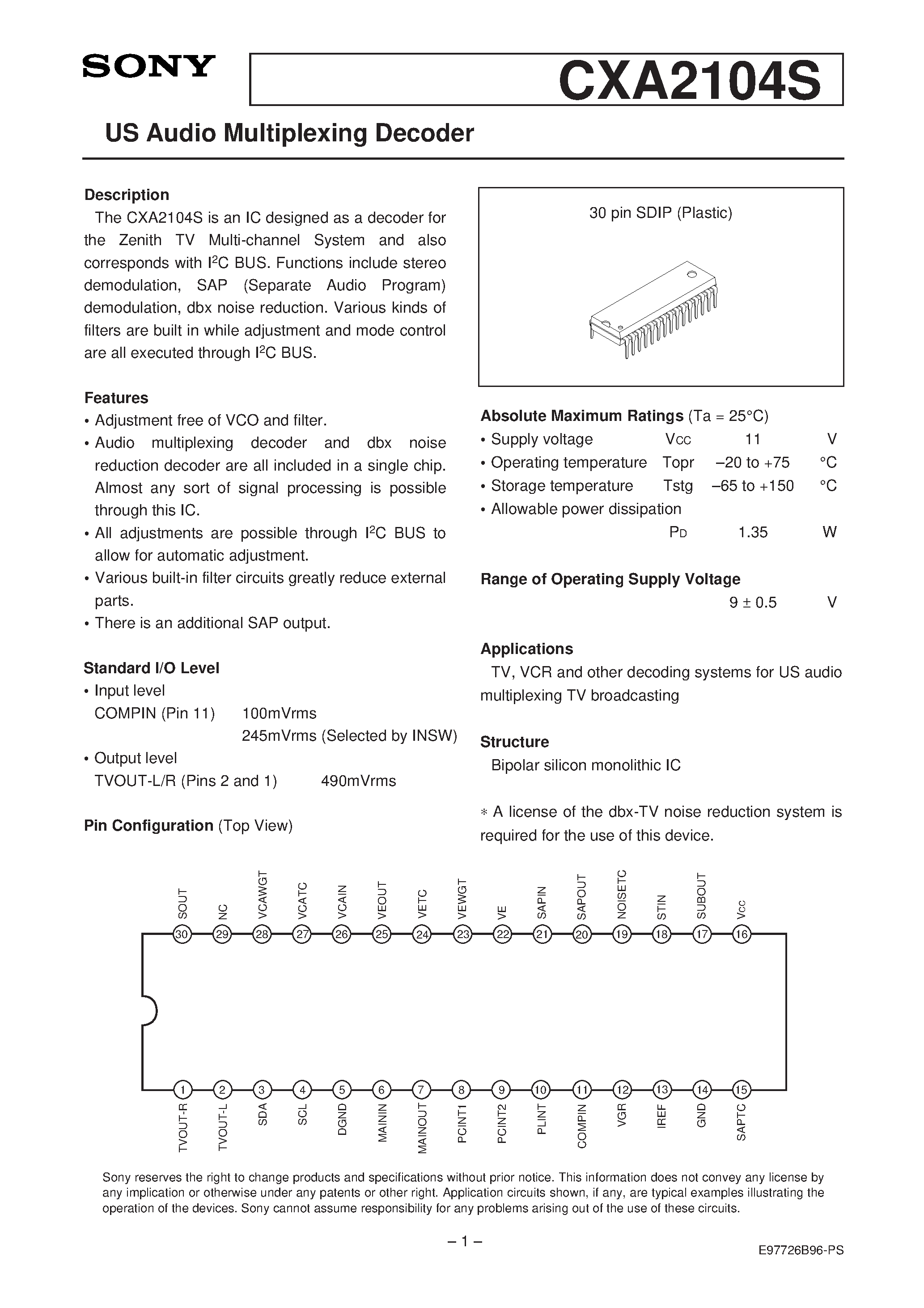 Datasheet CXA2104S page 1 Datasheet CXA2104S - US Audio Multiplexing Decoder page 1