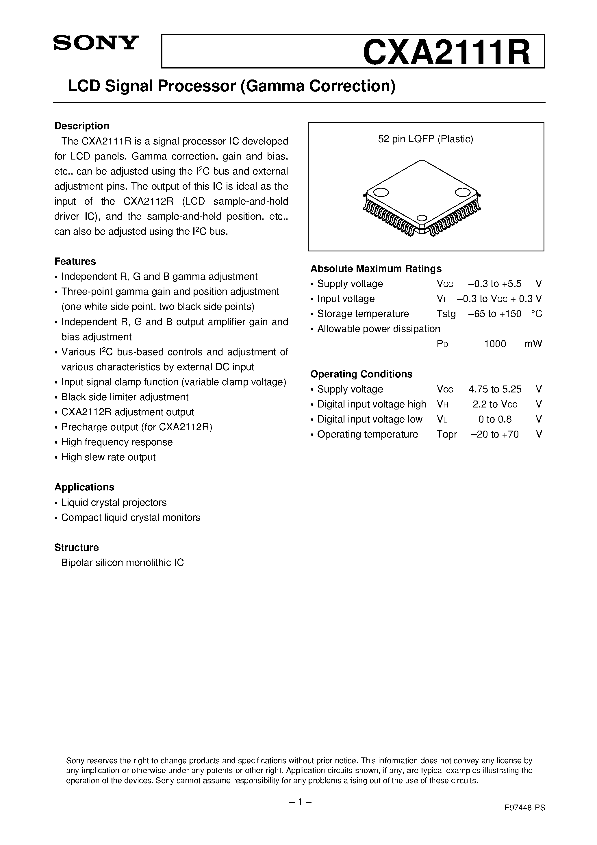 Даташит CXA2111R - LCD Signal Processor (Gamma Correction) страница 1